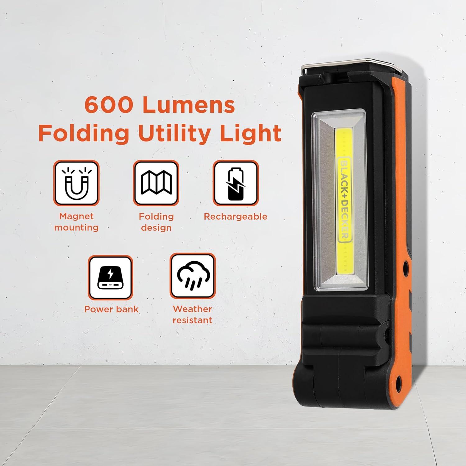 imageBLACKDECKER 600 Lumens Work Light 250 Lumens Flashlight amp Power Bank 32 Hour Rechargeable Utility LED Light 270 DualHinge IP44 WeatherResistant Dimmable SOS Mode Magnetic Mount amp Hanging