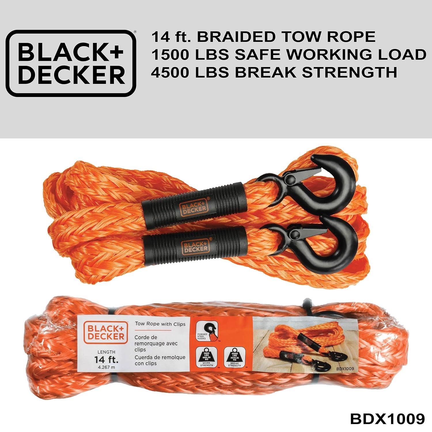 imageBLACKDECKER BD1002 BlackOrange 2 x 20 Tow Strap HeavyDuty 9000 lb Break Strength for Emergency OffRoad TowingTow Rope
