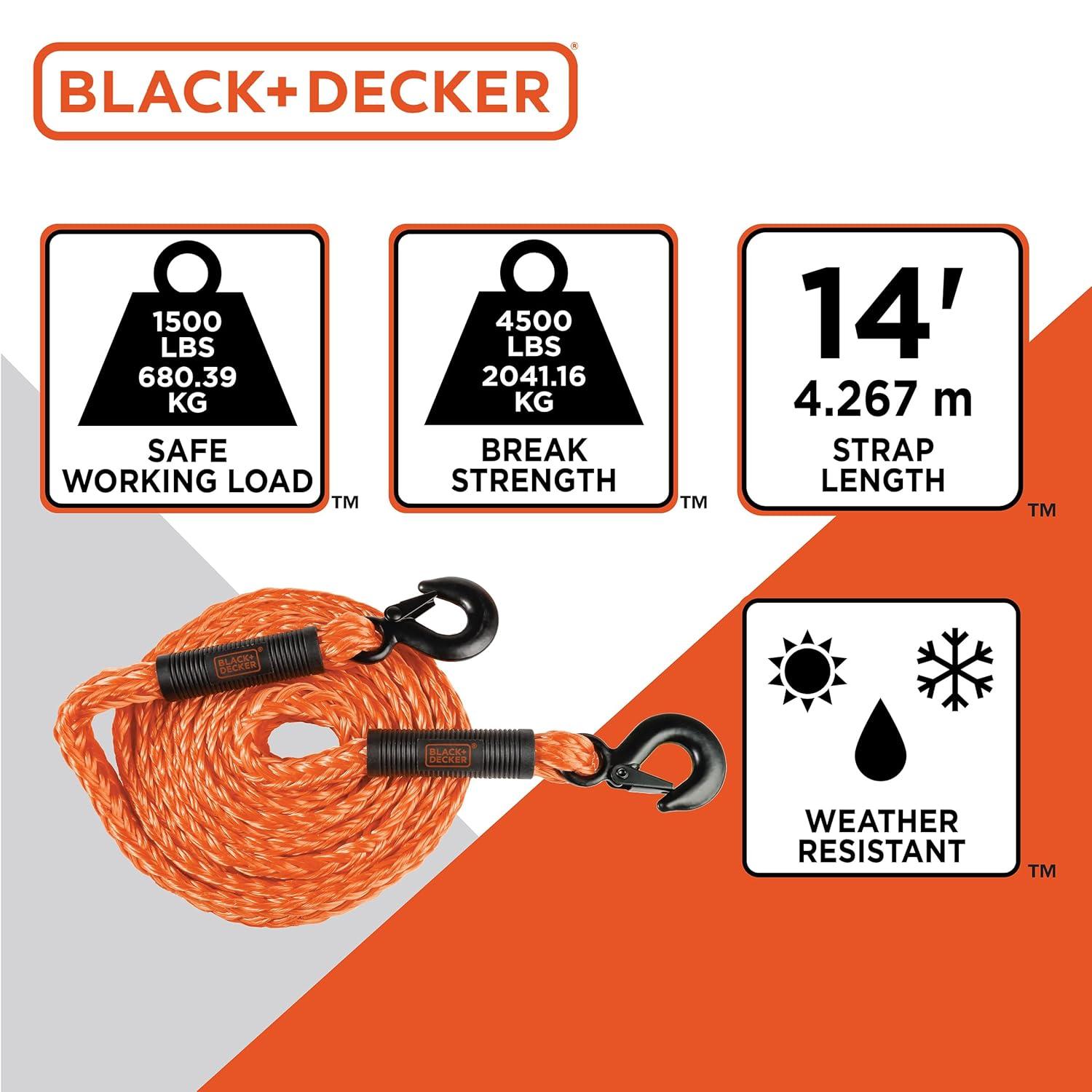 imageBLACKDECKER BD1002 BlackOrange 2 x 20 Tow Strap HeavyDuty 9000 lb Break Strength for Emergency OffRoad TowingTow Rope