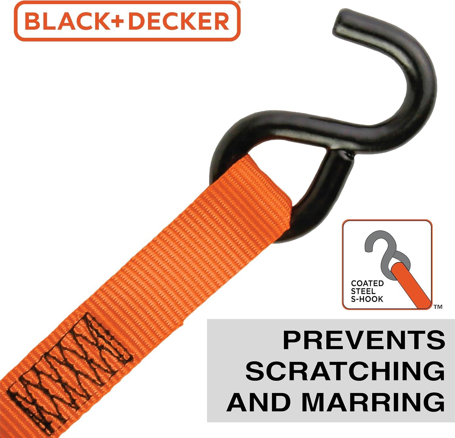 imageBLACKDECKER BD1005 BlackOrange 1 x 10 Ratchet Tie Down Straps 300 lb Safe Working Load 900 lb Break Strength 4 Pack1 x 10 Heavy Duty