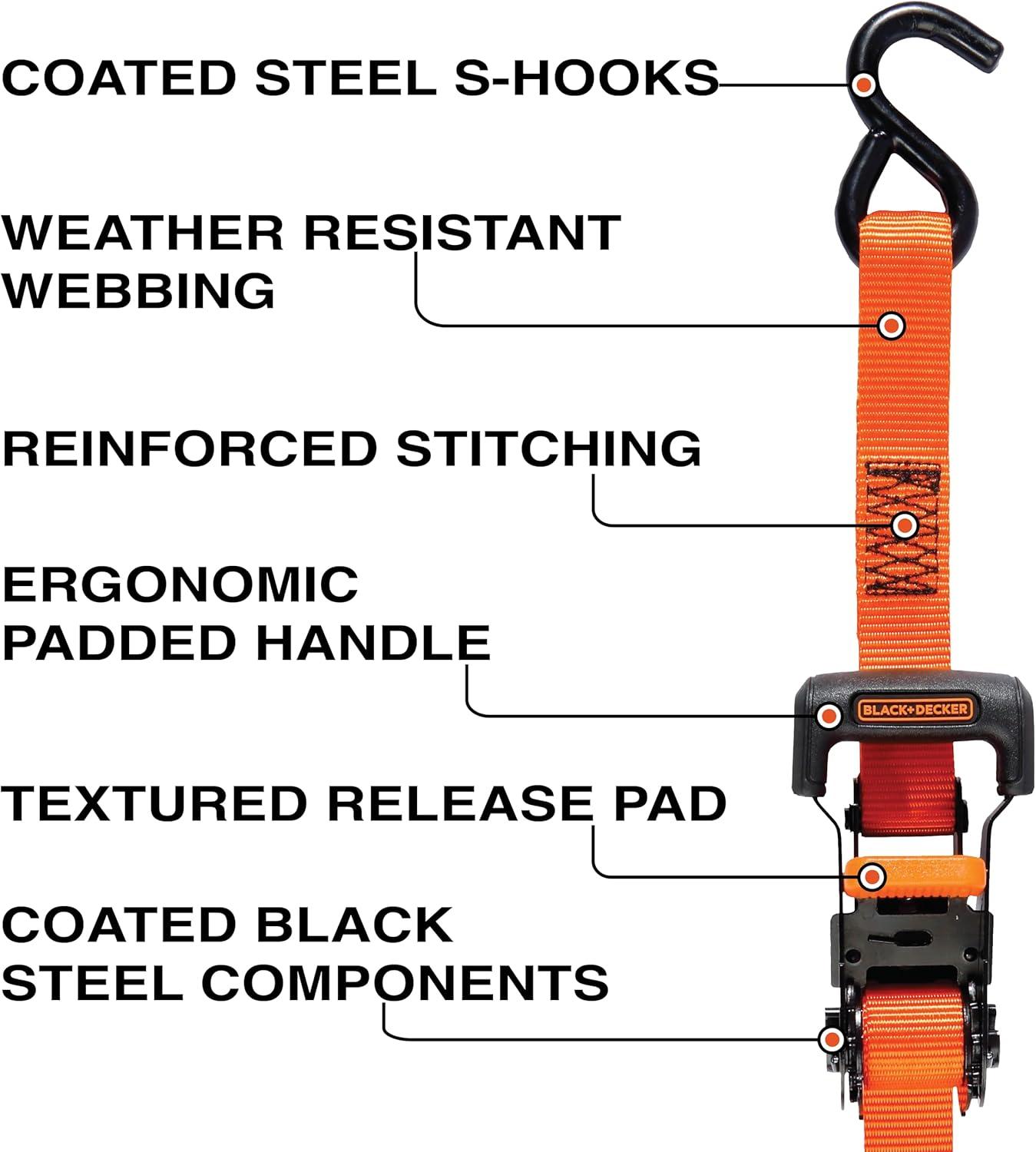 imageBLACKDECKER BD1005 BlackOrange 1 x 10 Ratchet Tie Down Straps 300 lb Safe Working Load 900 lb Break Strength 4 Pack1 x 10 Heavy Duty