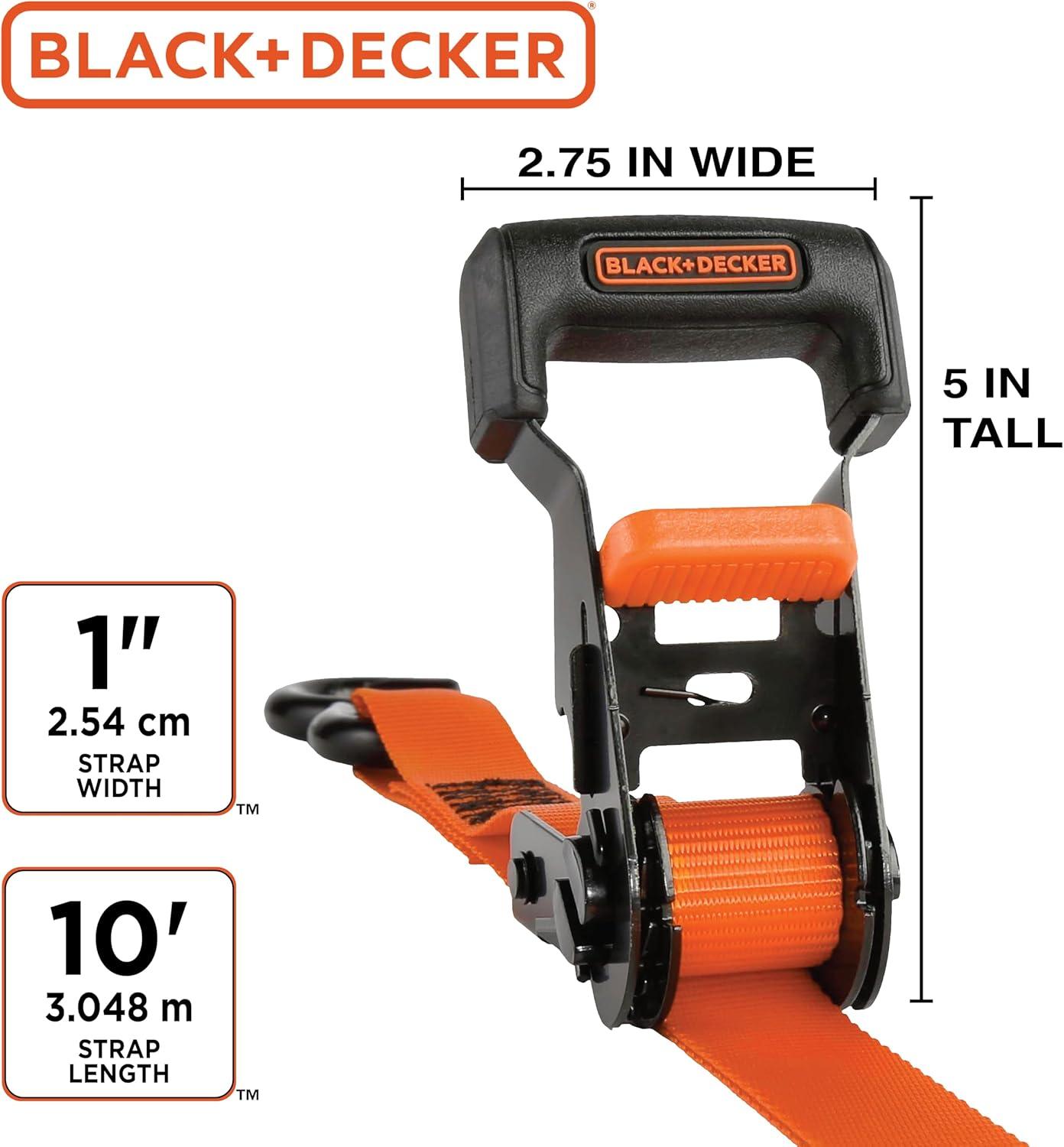 imageBLACKDECKER BD1005 BlackOrange 1 x 10 Ratchet Tie Down Straps 300 lb Safe Working Load 900 lb Break Strength 4 Pack1 x 10 Heavy Duty