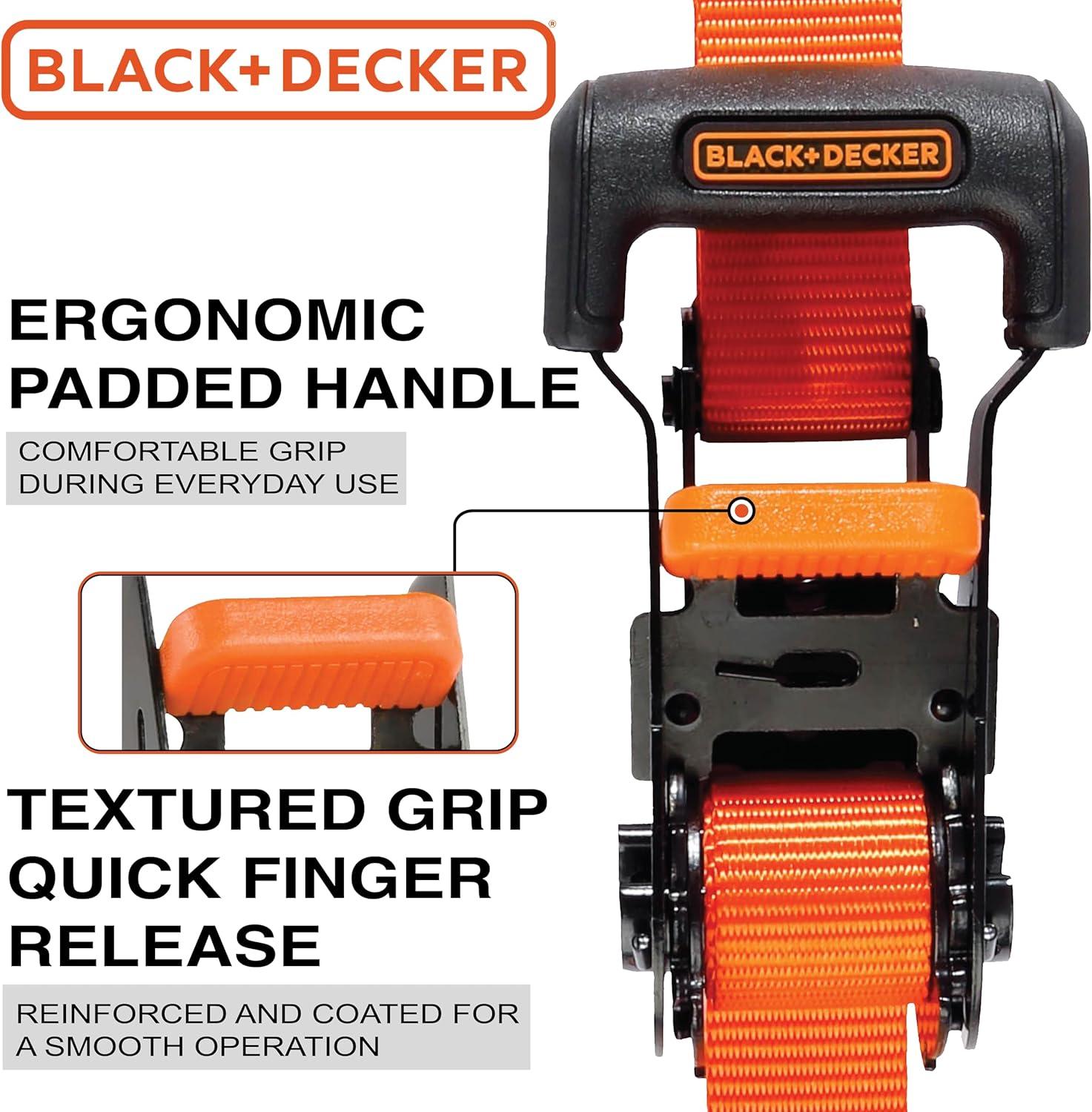 imageBLACKDECKER BD1005 BlackOrange 1 x 10 Ratchet Tie Down Straps 300 lb Safe Working Load 900 lb Break Strength 4 Pack1 x 10 Heavy Duty