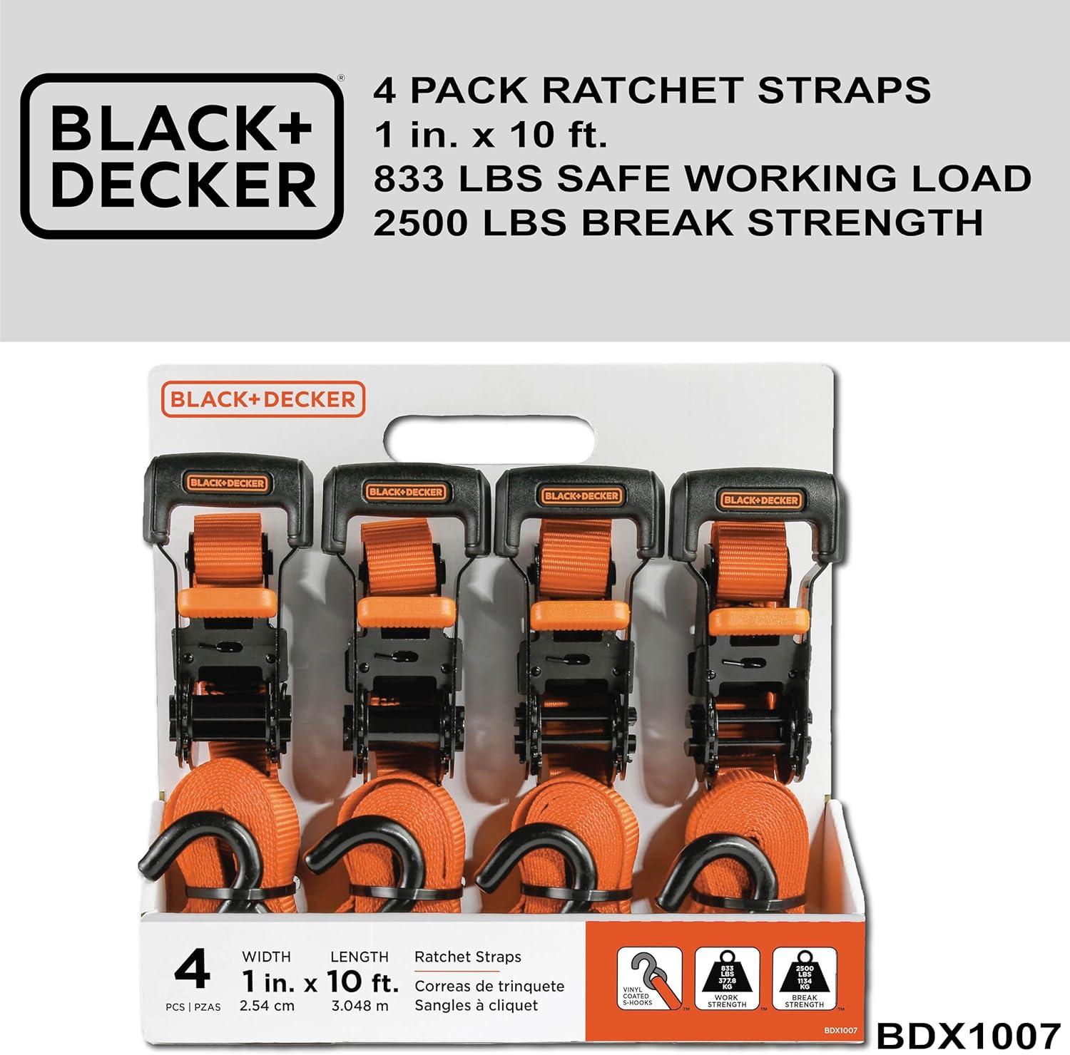 imageBLACKDECKER BD1005 BlackOrange 1 x 10 Ratchet Tie Down Straps 300 lb Safe Working Load 900 lb Break Strength 4 Pack1 x 10 Heavy Duty