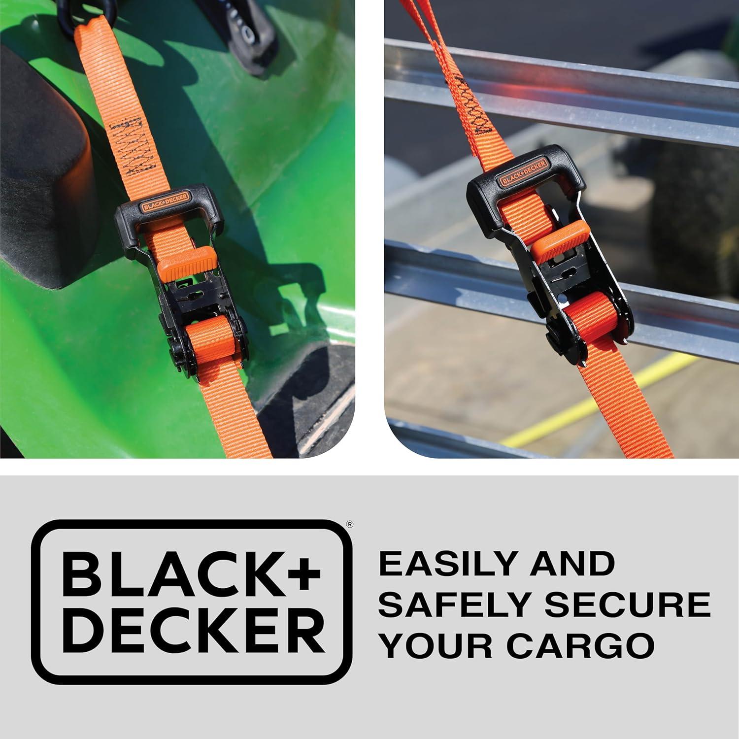 imageBLACKDECKER BD1005 BlackOrange 1 x 10 Ratchet Tie Down Straps 300 lb Safe Working Load 900 lb Break Strength 4 Pack1 x 10 Heavy Duty