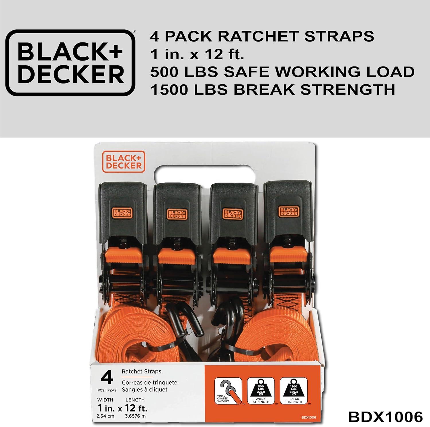 imageBLACKDECKER BD1005 BlackOrange 1 x 10 Ratchet Tie Down Straps 300 lb Safe Working Load 900 lb Break Strength 4 Pack1 x 12 Mid Duty