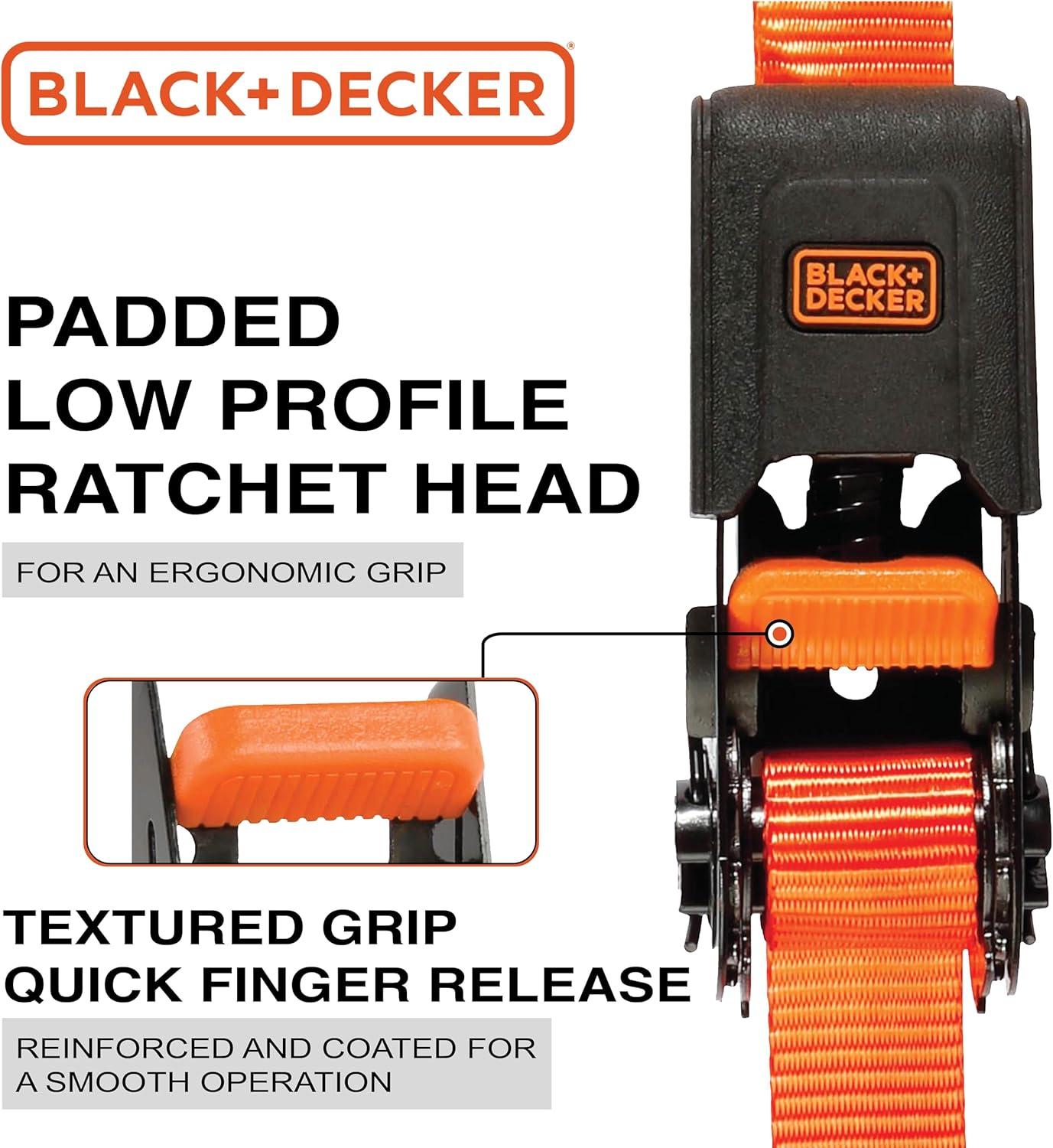 imageBLACKDECKER BD1005 BlackOrange 1 x 10 Ratchet Tie Down Straps 300 lb Safe Working Load 900 lb Break Strength 4 Pack1 x 12 Mid Duty