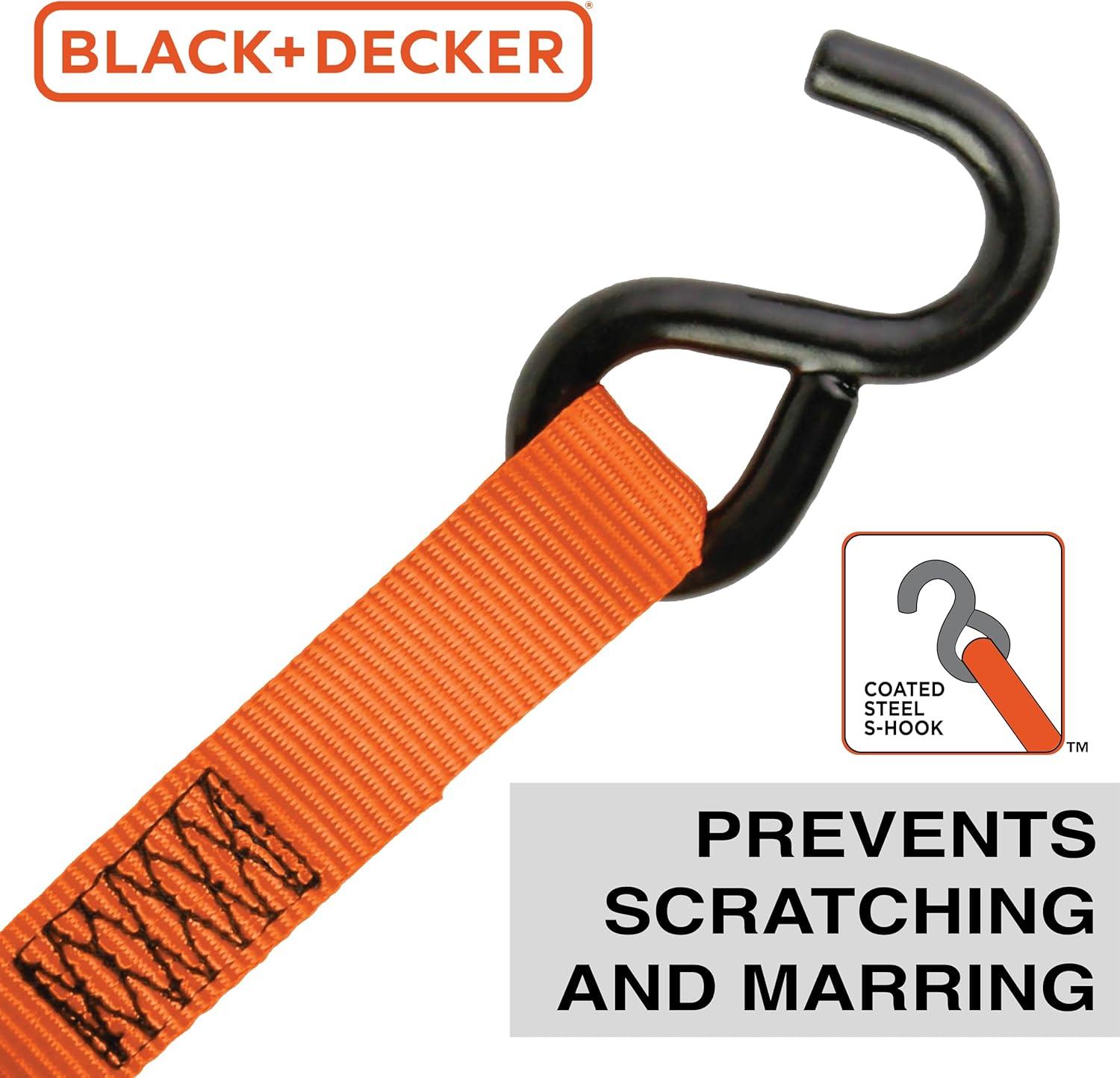imageBLACKDECKER BD1005 BlackOrange 1 x 10 Ratchet Tie Down Straps 300 lb Safe Working Load 900 lb Break Strength 4 Pack1 x 12 Mid Duty