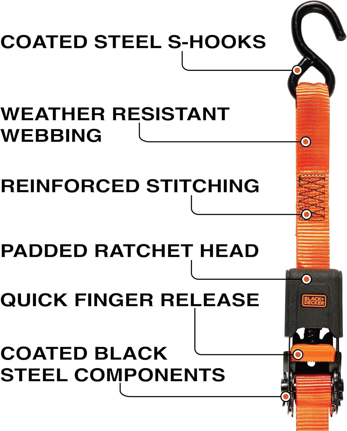 imageBLACKDECKER BD1005 BlackOrange 1 x 10 Ratchet Tie Down Straps 300 lb Safe Working Load 900 lb Break Strength 4 Pack1 x 12 Mid Duty