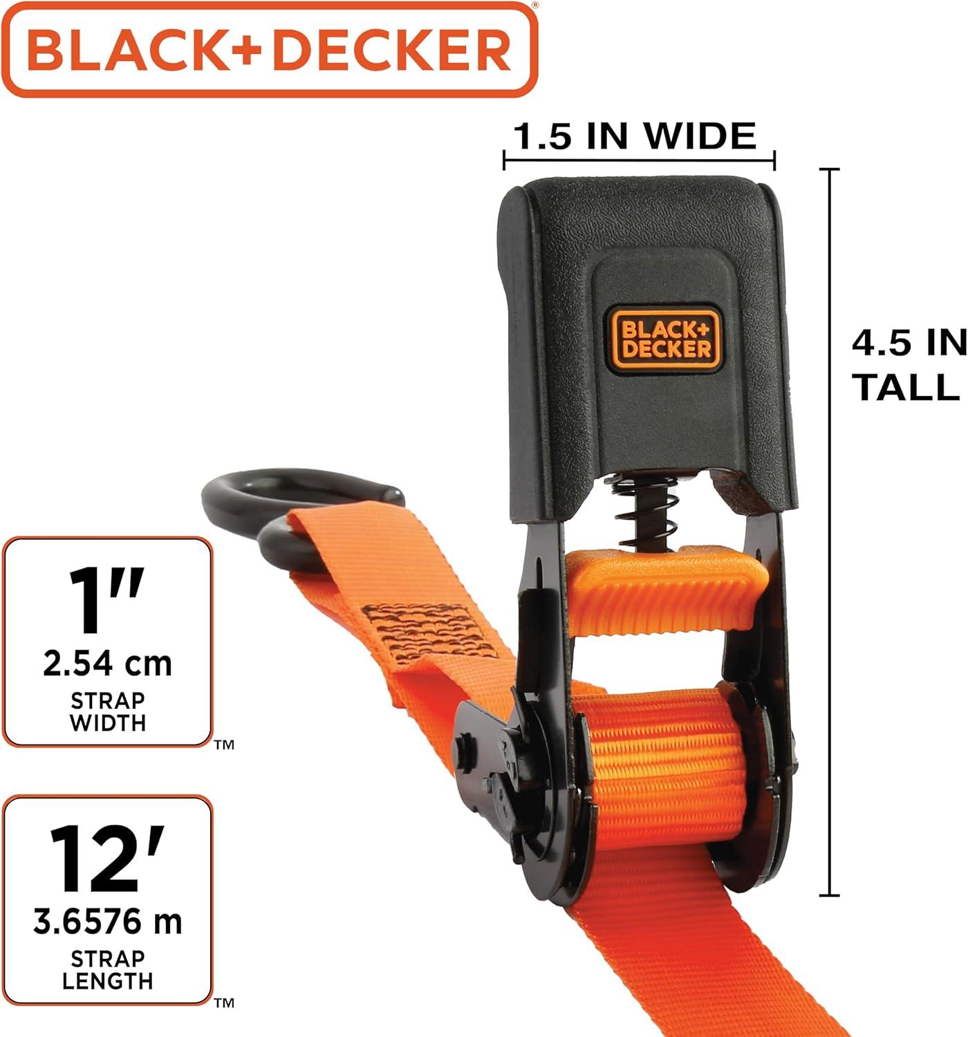 imageBLACKDECKER BD1005 BlackOrange 1 x 10 Ratchet Tie Down Straps 300 lb Safe Working Load 900 lb Break Strength 4 Pack1 x 12 Mid Duty