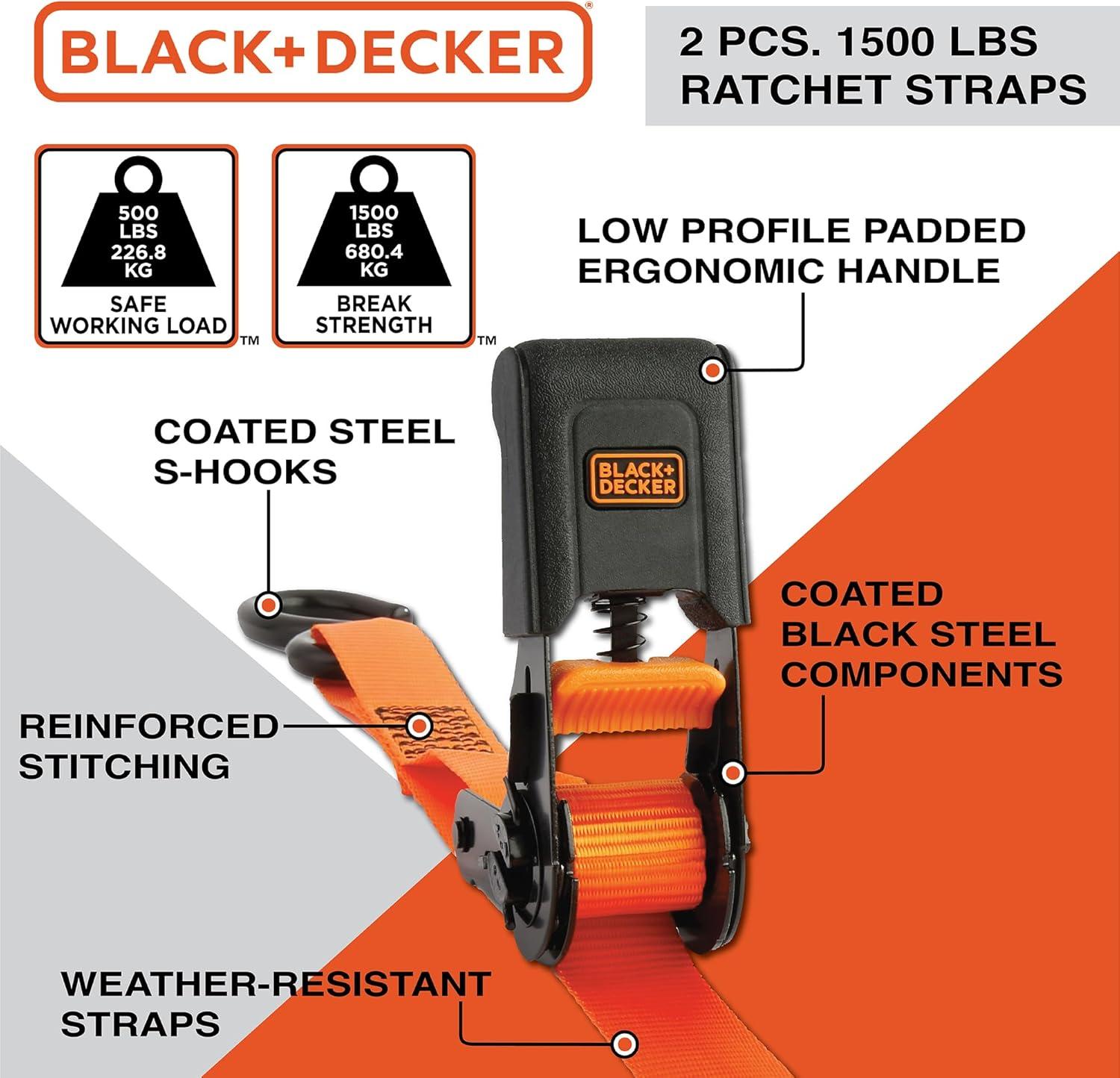 imageBLACKDECKER BD1005 BlackOrange 1 x 10 Ratchet Tie Down Straps 300 lb Safe Working Load 900 lb Break Strength 4 Pack8Piece Kit