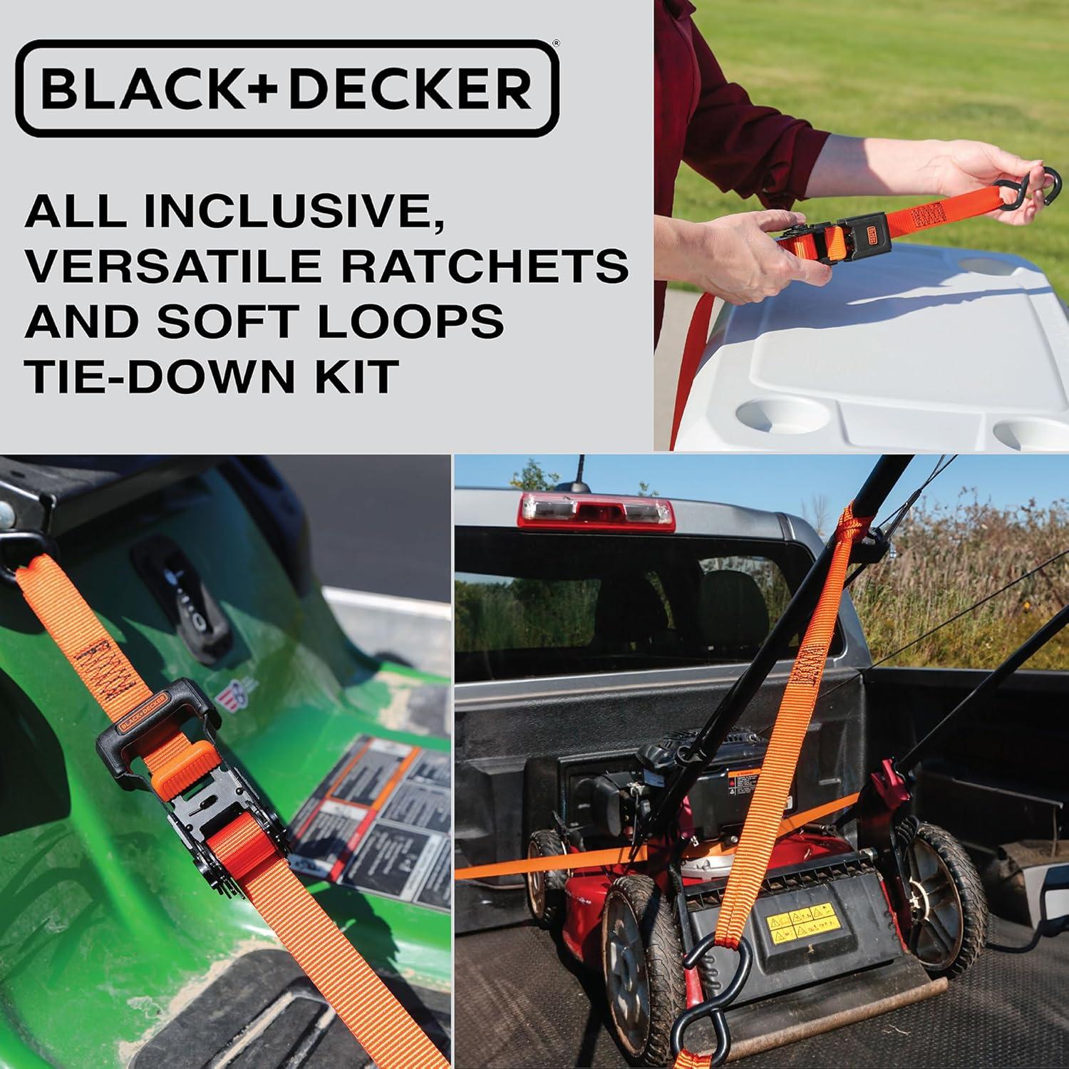 imageBLACKDECKER BD1005 BlackOrange 1 x 10 Ratchet Tie Down Straps 300 lb Safe Working Load 900 lb Break Strength 4 Pack8Piece Kit