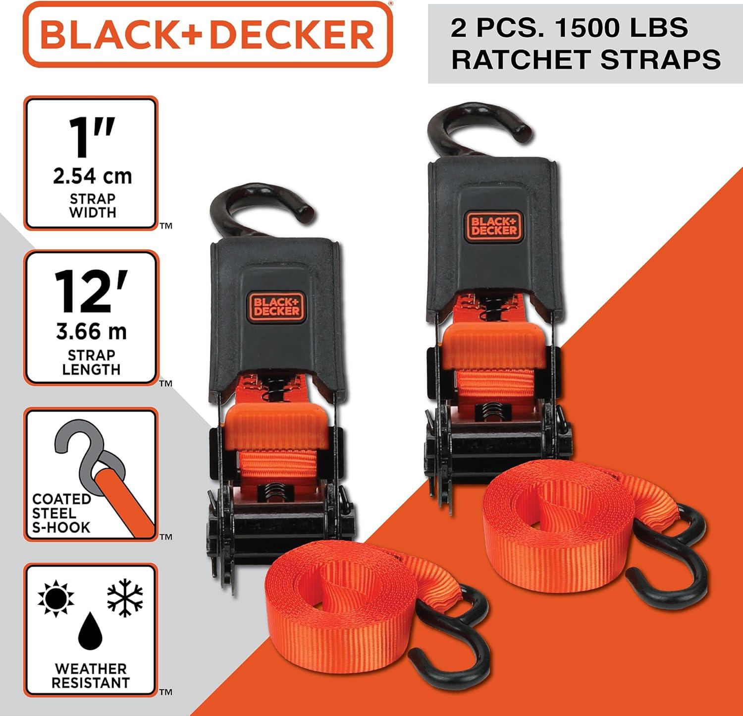 imageBLACKDECKER BD1005 BlackOrange 1 x 10 Ratchet Tie Down Straps 300 lb Safe Working Load 900 lb Break Strength 4 Pack8Piece Kit