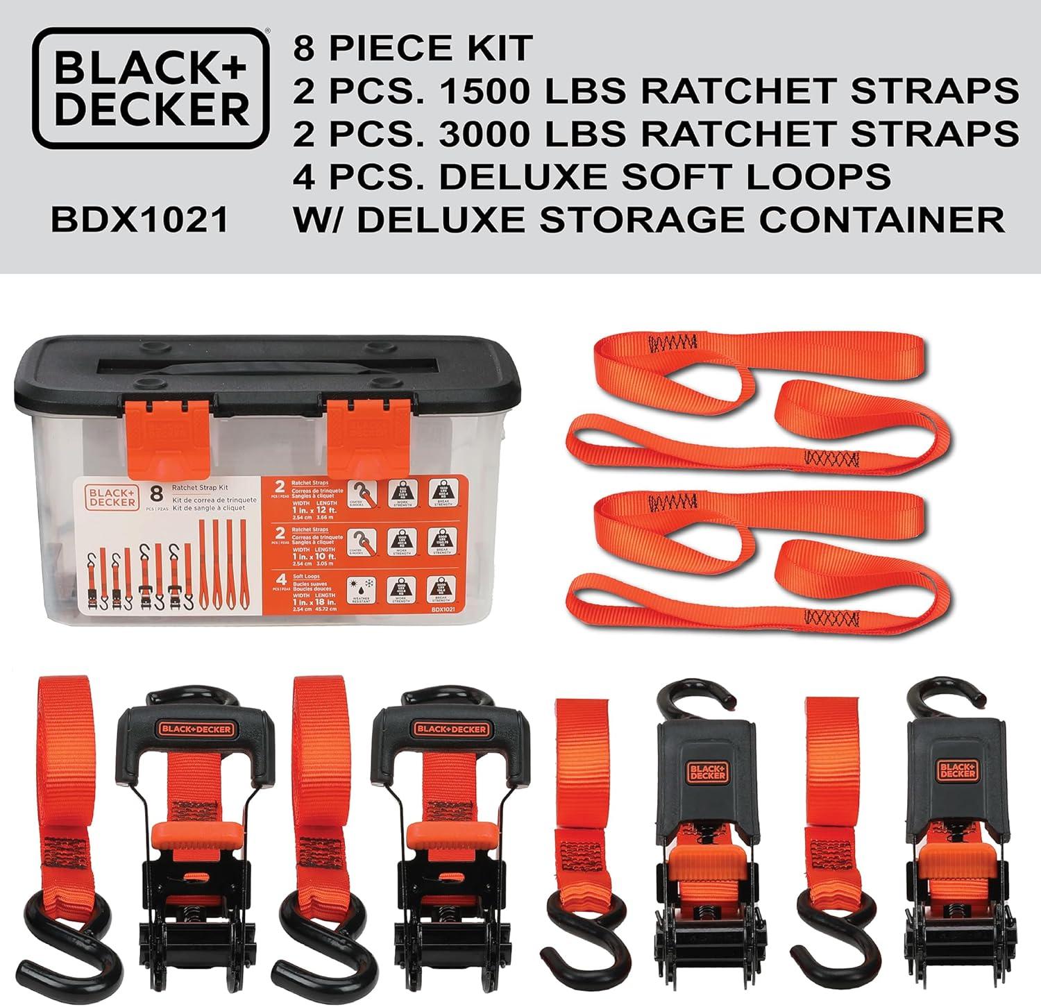 imageBLACKDECKER BD1005 BlackOrange 1 x 10 Ratchet Tie Down Straps 300 lb Safe Working Load 900 lb Break Strength 4 Pack8Piece Kit