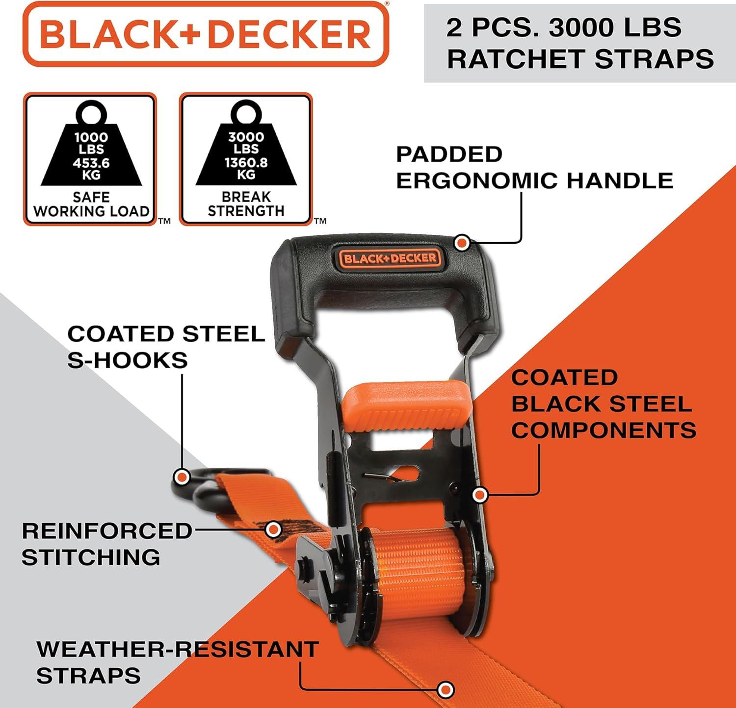 imageBLACKDECKER BD1005 BlackOrange 1 x 10 Ratchet Tie Down Straps 300 lb Safe Working Load 900 lb Break Strength 4 Pack8Piece Kit