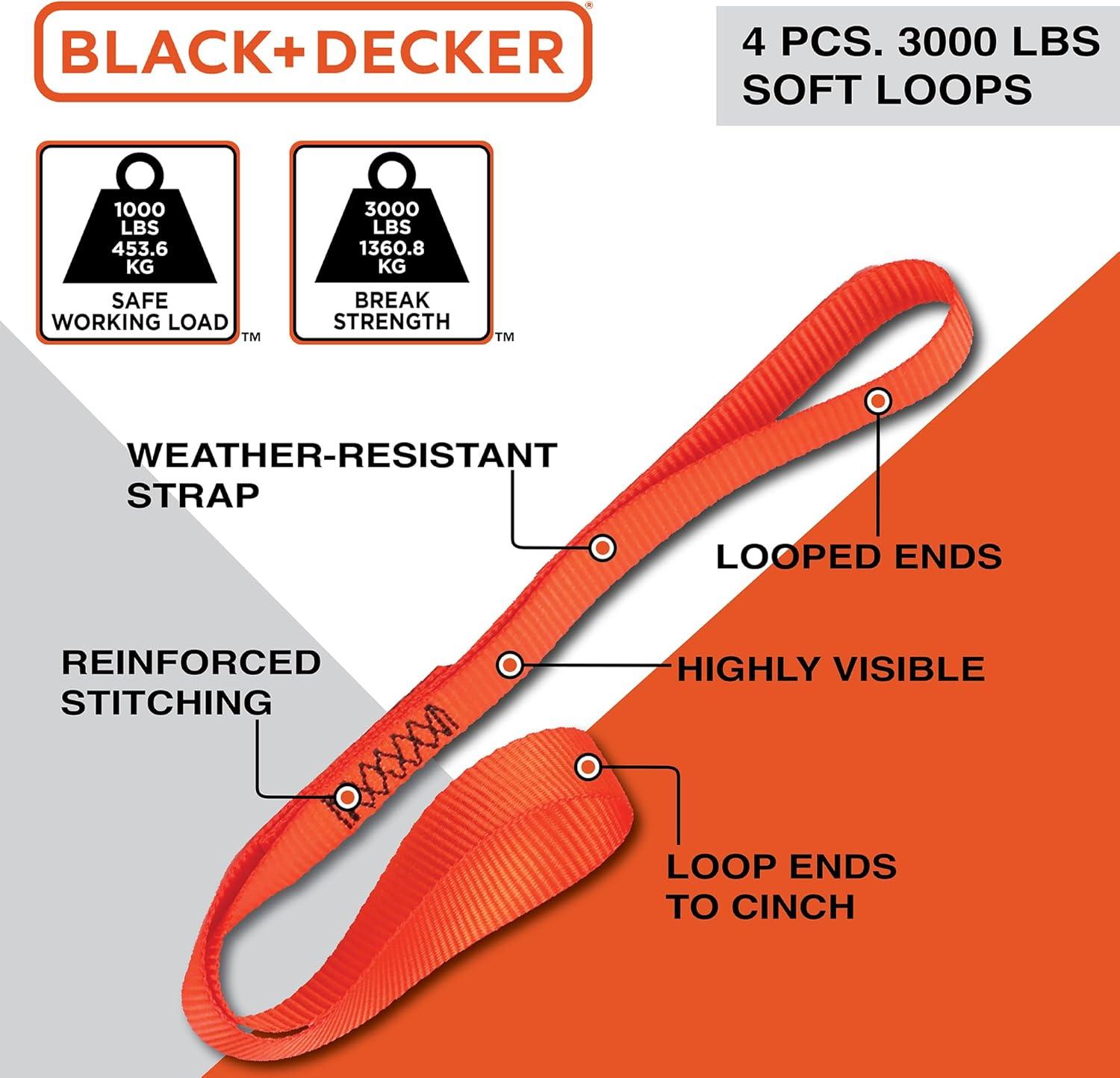 imageBLACKDECKER BD1005 BlackOrange 1 x 10 Ratchet Tie Down Straps 300 lb Safe Working Load 900 lb Break Strength 4 Pack8Piece Kit
