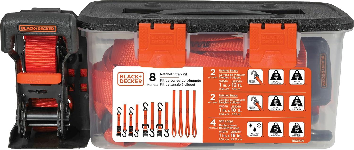imageBLACKDECKER BD1005 BlackOrange 1 x 10 Ratchet Tie Down Straps 300 lb Safe Working Load 900 lb Break Strength 4 Pack8Piece Kit