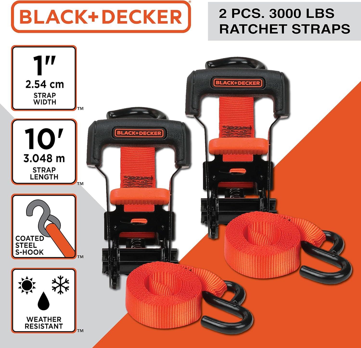 imageBLACKDECKER BD1005 BlackOrange 1 x 10 Ratchet Tie Down Straps 300 lb Safe Working Load 900 lb Break Strength 4 Pack8Piece Kit