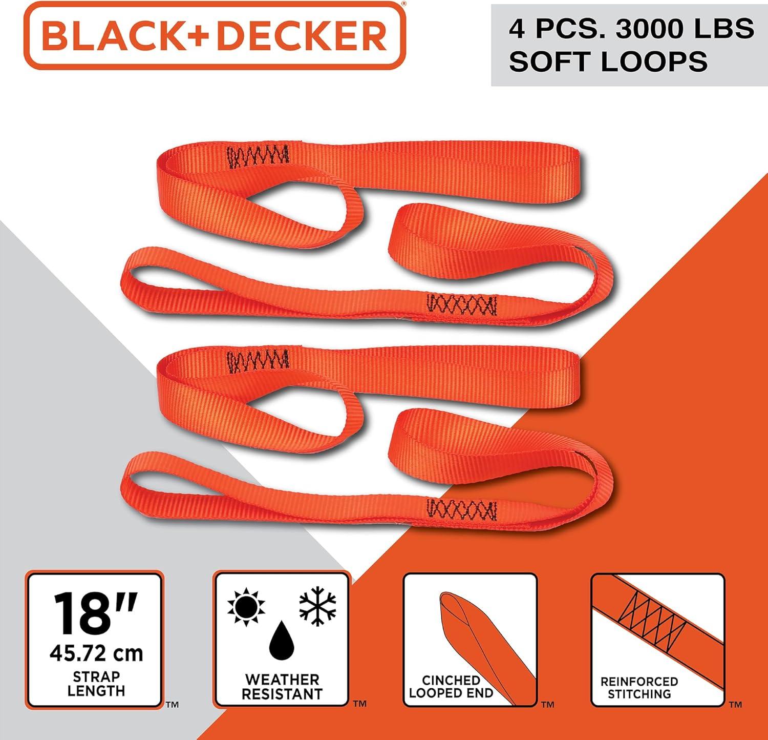 imageBLACKDECKER BD1005 BlackOrange 1 x 10 Ratchet Tie Down Straps 300 lb Safe Working Load 900 lb Break Strength 4 Pack8Piece Kit