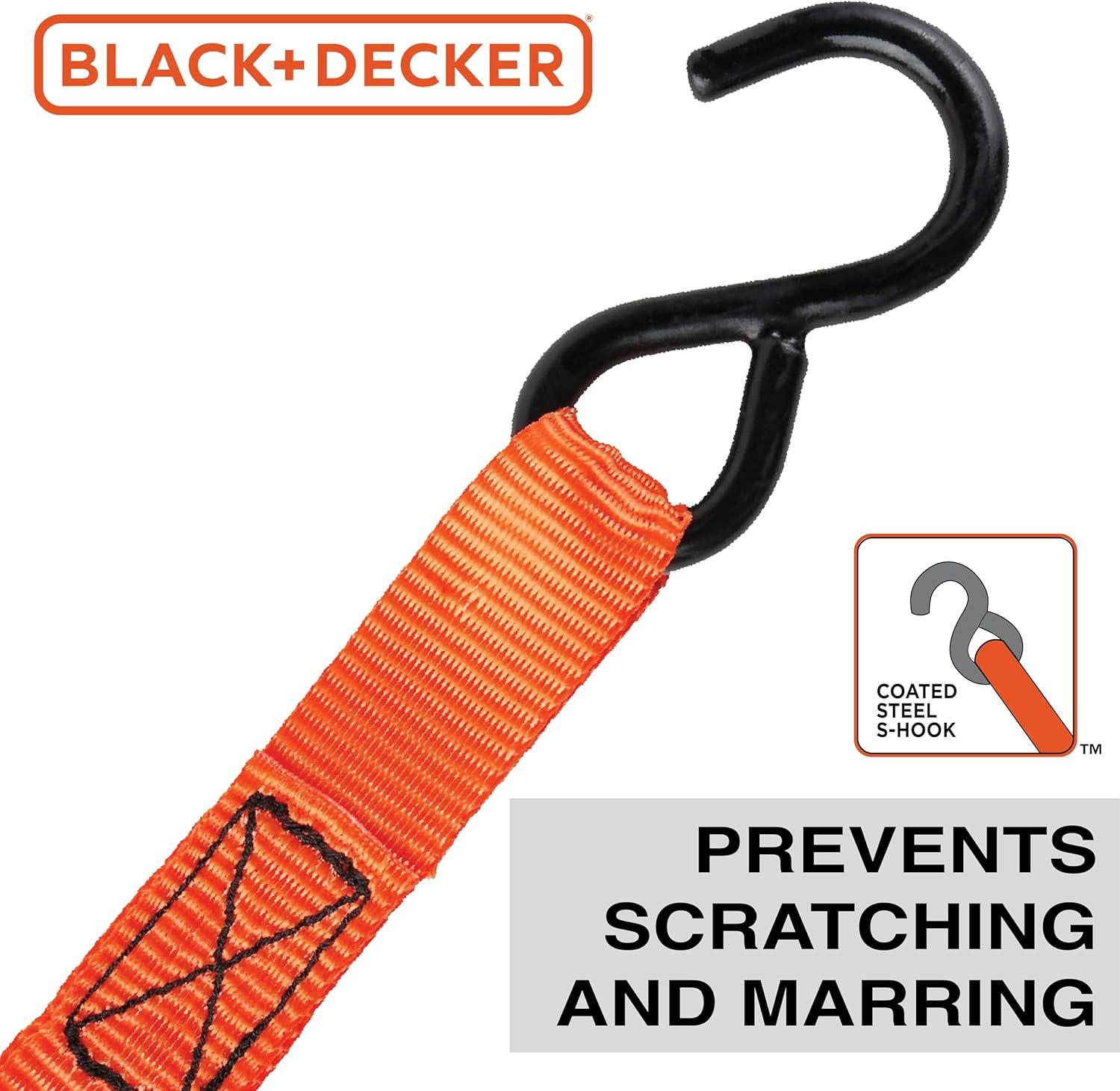 imageBLACKDECKER BD1005 BlackOrange 1 x 10 Ratchet Tie Down Straps 300 lb Safe Working Load 900 lb Break Strength 4 PackRatchet Tie Down Straps