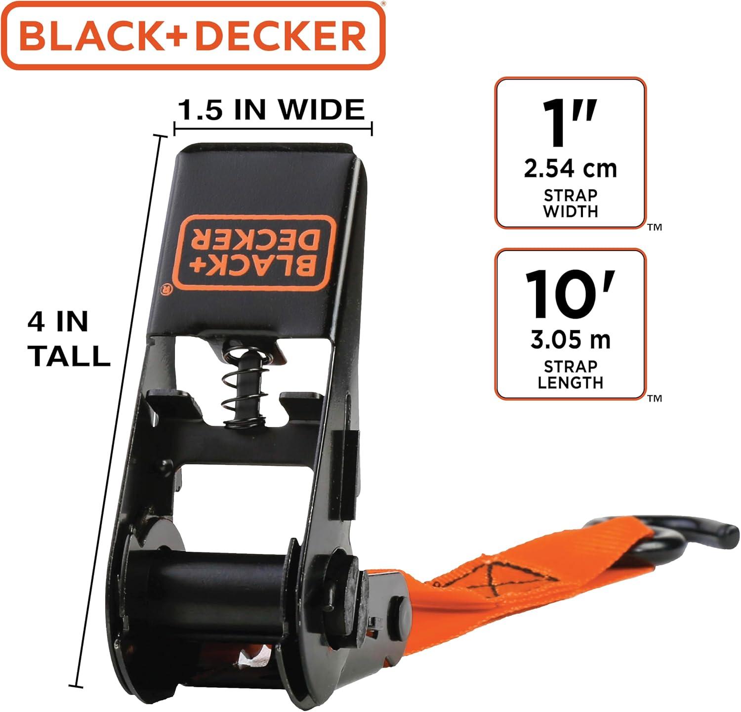imageBLACKDECKER BD1005 BlackOrange 1 x 10 Ratchet Tie Down Straps 300 lb Safe Working Load 900 lb Break Strength 4 PackRatchet Tie Down Straps