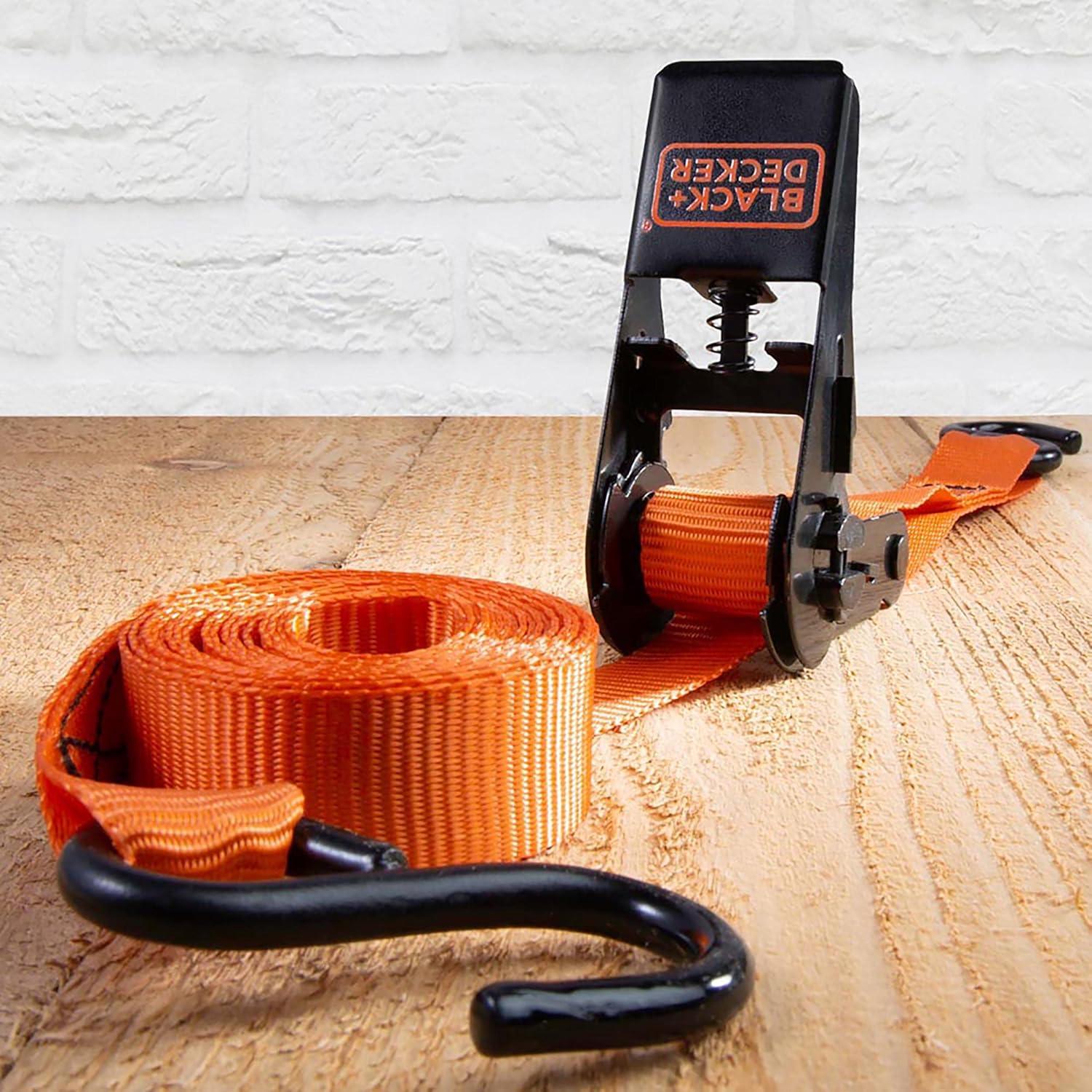 imageBLACKDECKER BD1005 BlackOrange 1 x 10 Ratchet Tie Down Straps 300 lb Safe Working Load 900 lb Break Strength 4 PackRatchet Tie Down Straps