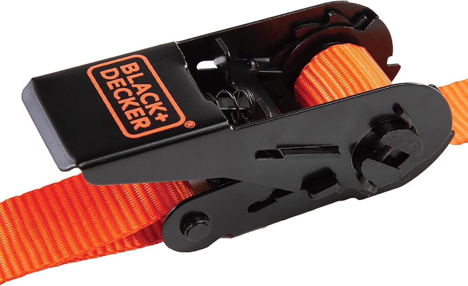 imageBLACKDECKER BD1005 BlackOrange 1 x 10 Ratchet Tie Down Straps 300 lb Safe Working Load 900 lb Break Strength 4 PackRatchet Tie Down Straps