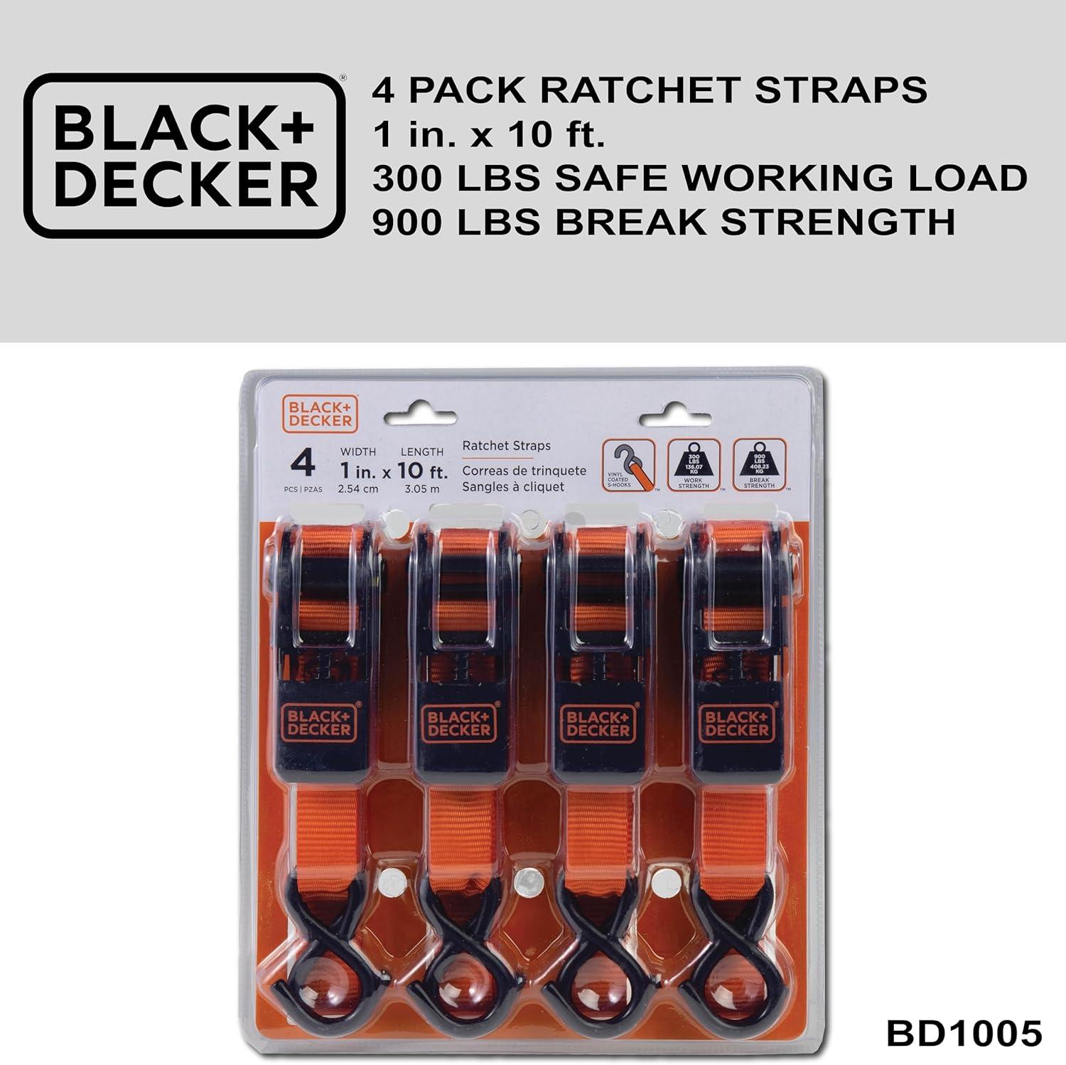 imageBLACKDECKER BD1005 BlackOrange 1 x 10 Ratchet Tie Down Straps 300 lb Safe Working Load 900 lb Break Strength 4 PackRatchet Tie Down Straps