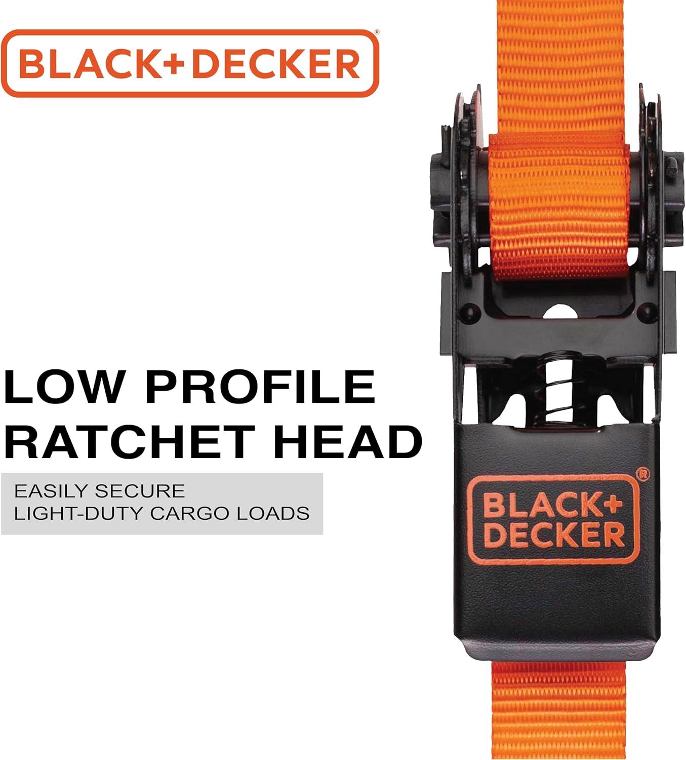 imageBLACKDECKER BD1005 BlackOrange 1 x 10 Ratchet Tie Down Straps 300 lb Safe Working Load 900 lb Break Strength 4 PackRatchet Tie Down Straps