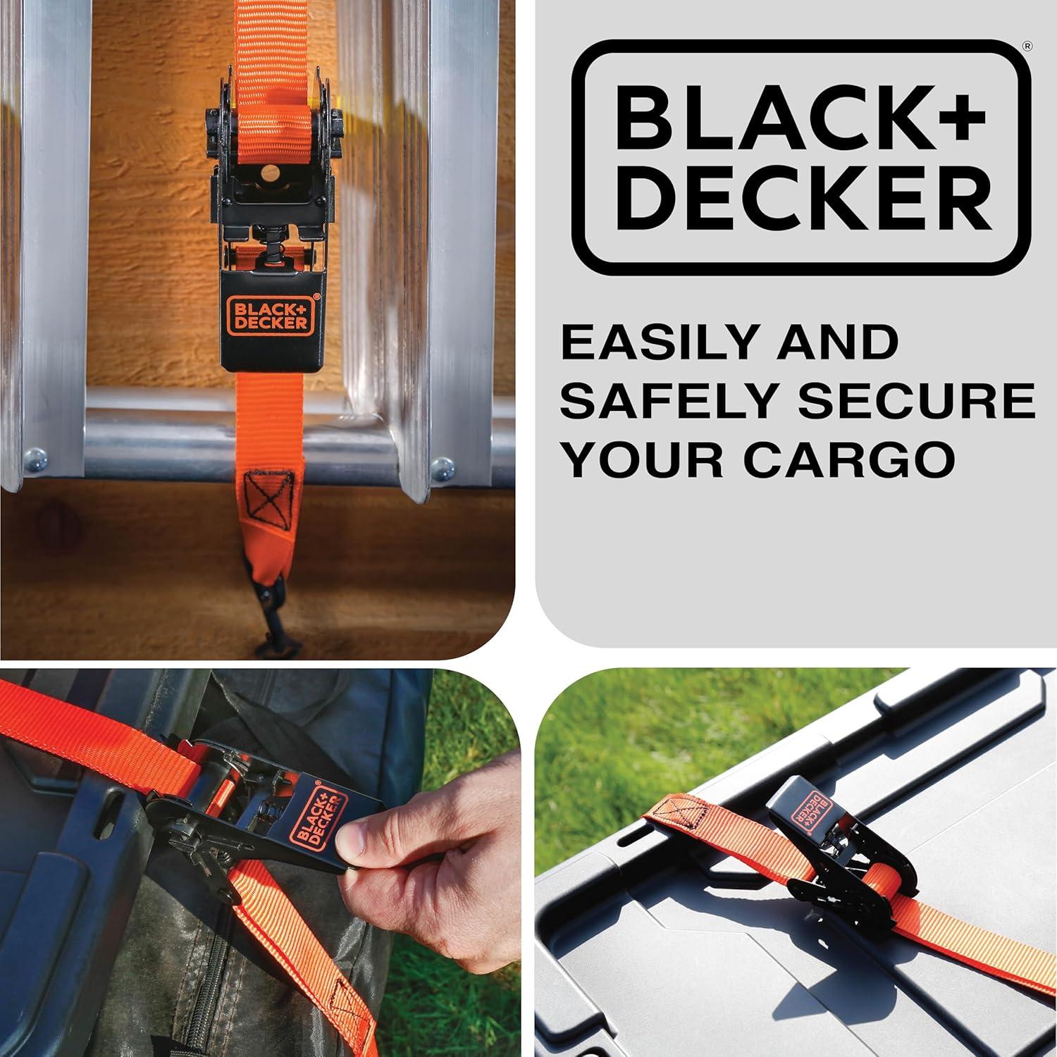 imageBLACKDECKER BD1005 BlackOrange 1 x 10 Ratchet Tie Down Straps 300 lb Safe Working Load 900 lb Break Strength 4 PackRatchet Tie Down Straps