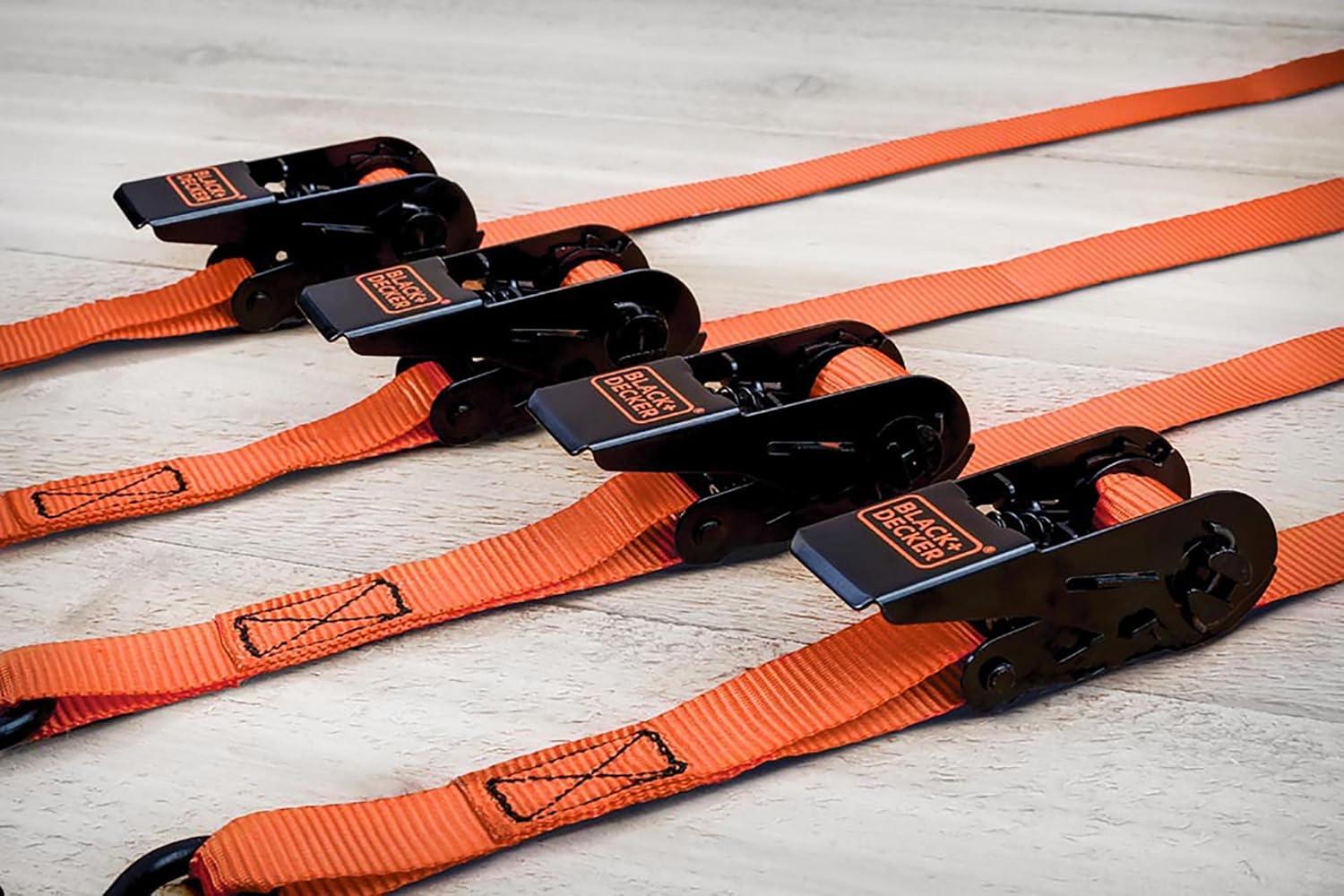 imageBLACKDECKER BD1005 BlackOrange 1 x 10 Ratchet Tie Down Straps 300 lb Safe Working Load 900 lb Break Strength 4 PackRatchet Tie Down Straps
