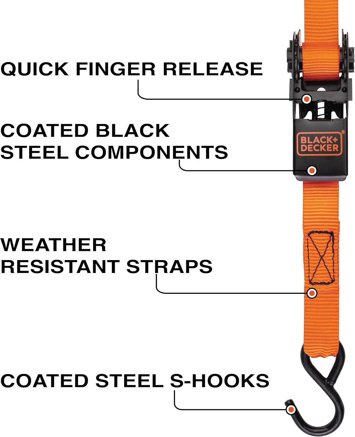imageBLACKDECKER BD1005 BlackOrange 1 x 10 Ratchet Tie Down Straps 300 lb Safe Working Load 900 lb Break Strength 4 PackRatchet Tie Down Straps