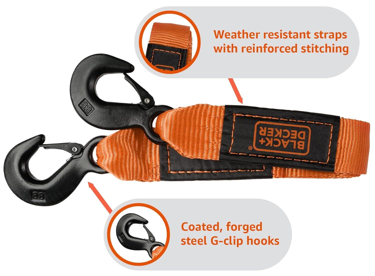 imageBLACKDECKER BDX1016 17Piece Tie Down Kit with 2 x 20 Tow Strap 1 x 10 Deluxe CamBuckle Straps and 24 36 48 Premium Flat Strap BungeesBDX1016