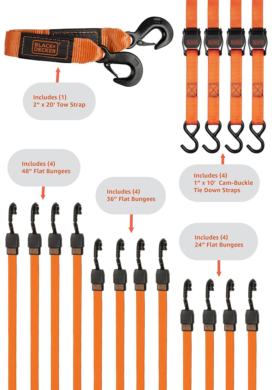 imageBLACKDECKER BDX1016 17Piece Tie Down Kit with 2 x 20 Tow Strap 1 x 10 Deluxe CamBuckle Straps and 24 36 48 Premium Flat Strap BungeesBDX1016