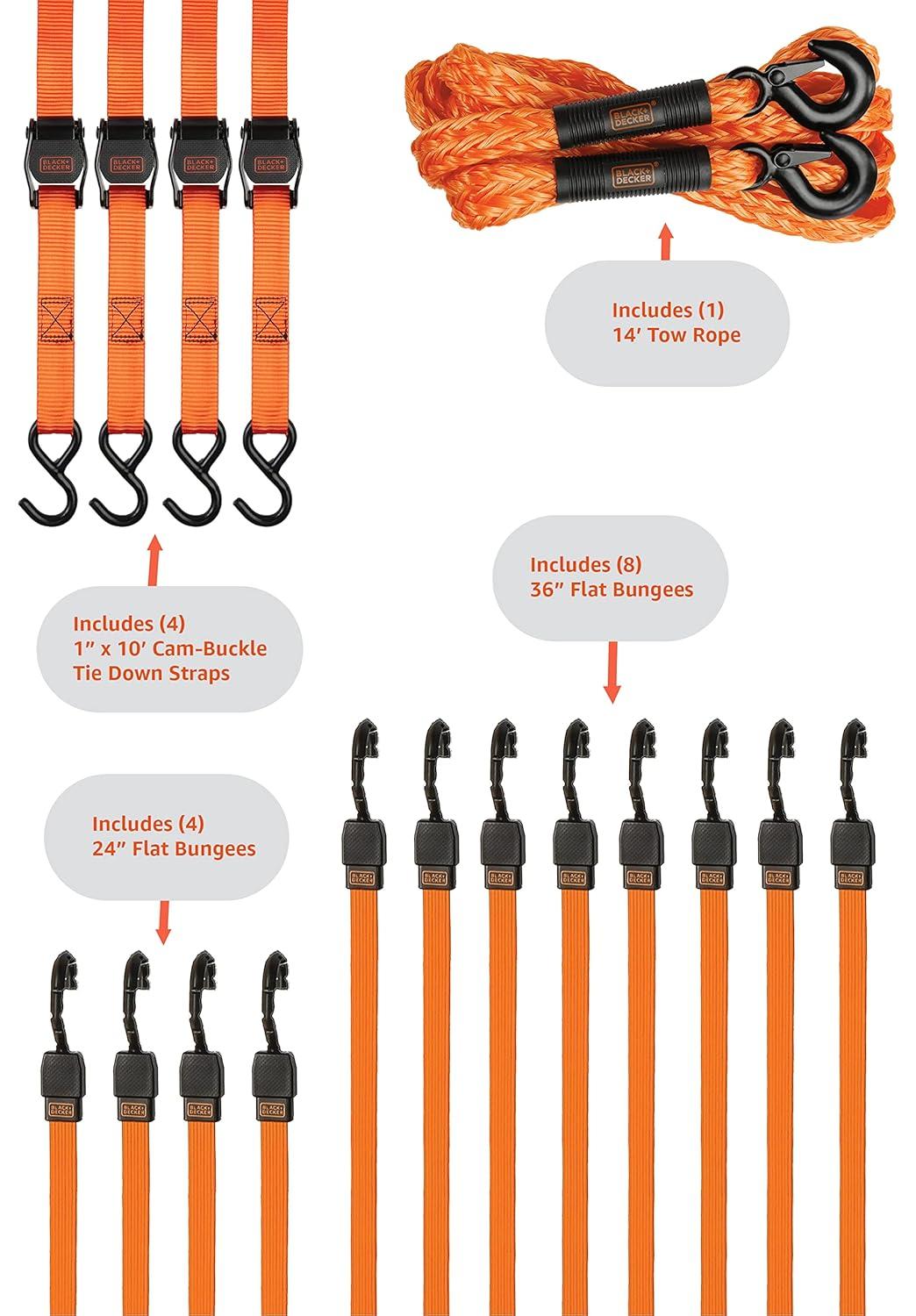 imageBLACKDECKER BDX1016 17Piece Tie Down Kit with 2 x 20 Tow Strap 1 x 10 Deluxe CamBuckle Straps and 24 36 48 Premium Flat Strap BungeesBDX1017
