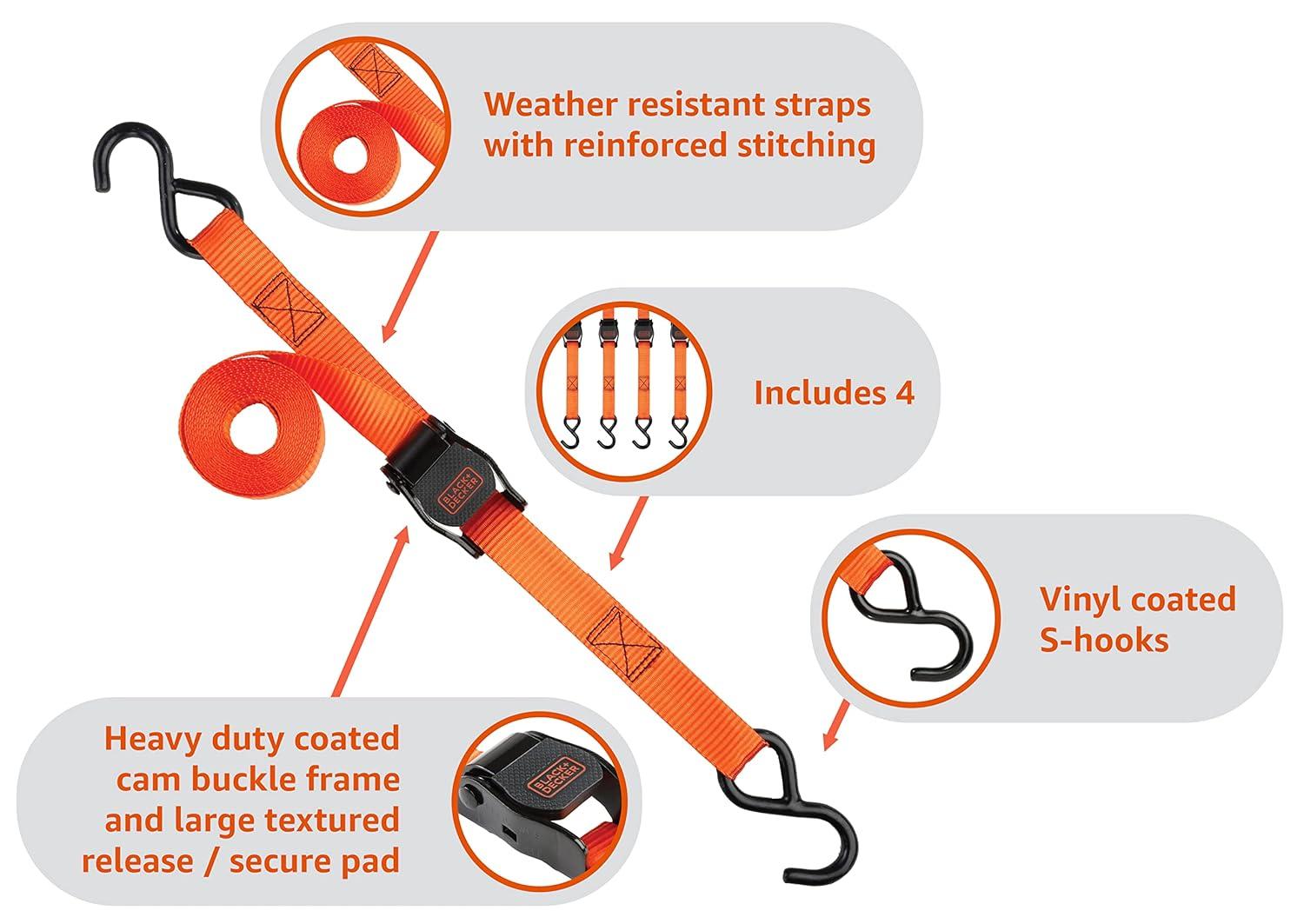 imageBLACKDECKER BDX1016 17Piece Tie Down Kit with 2 x 20 Tow Strap 1 x 10 Deluxe CamBuckle Straps and 24 36 48 Premium Flat Strap BungeesBDX1017