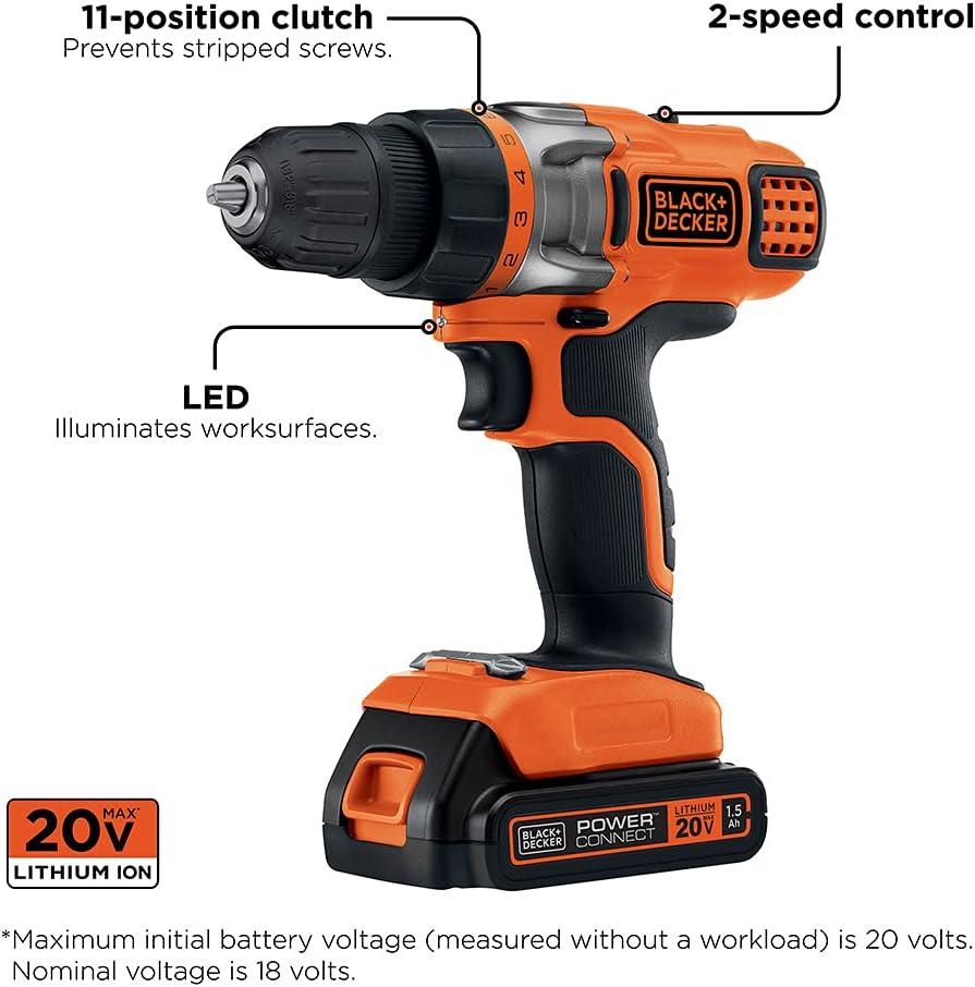 imageBLACKDECKER Cordless Drill Driver Power Drill with Battery and Charger Included 20V MAX POWERCONNECT BCD382DS1Cordless Drill Driver Kit