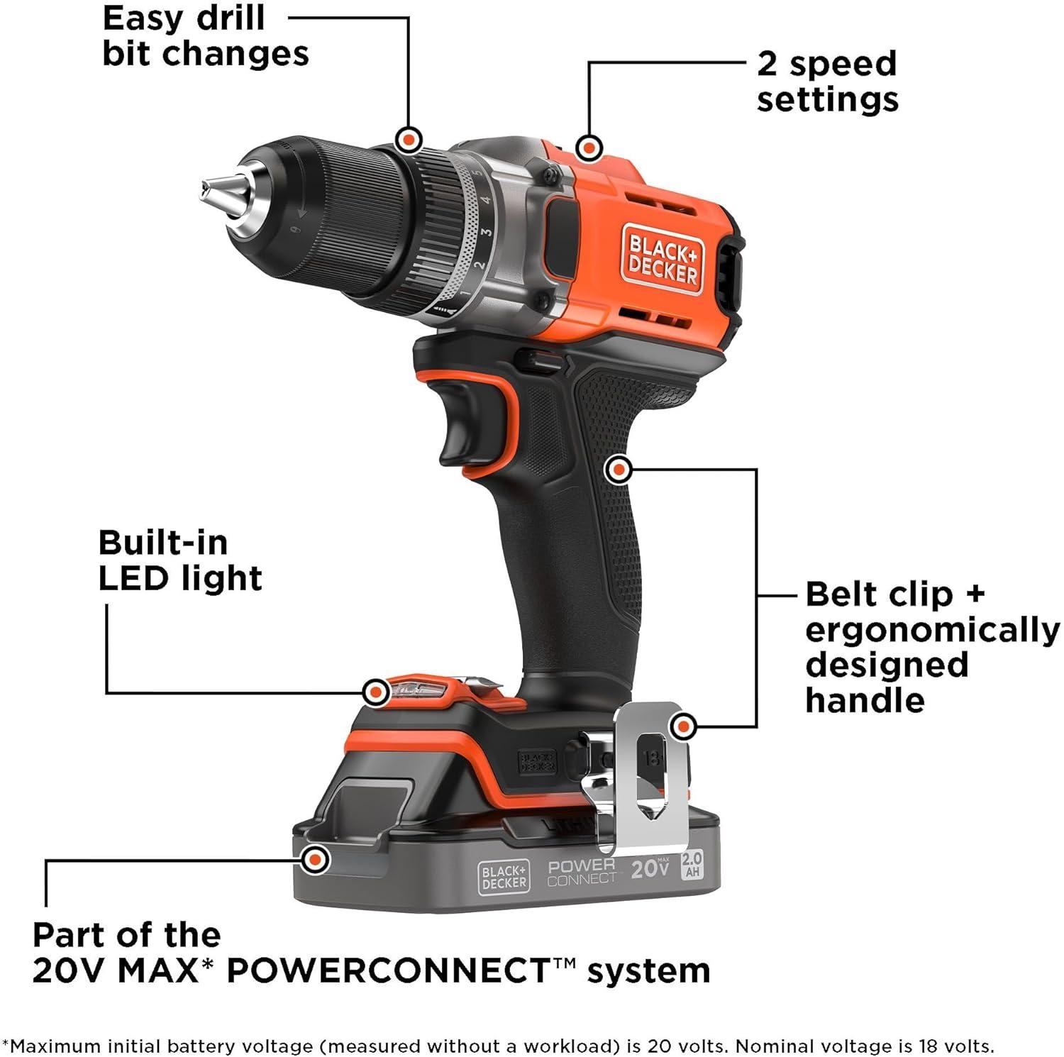 imageBLACKDECKER Cordless Drill Driver Power Drill with Battery and Charger Included 20V MAX POWERCONNECT BCD382DS1NEW Cordless Drill Driver Kit