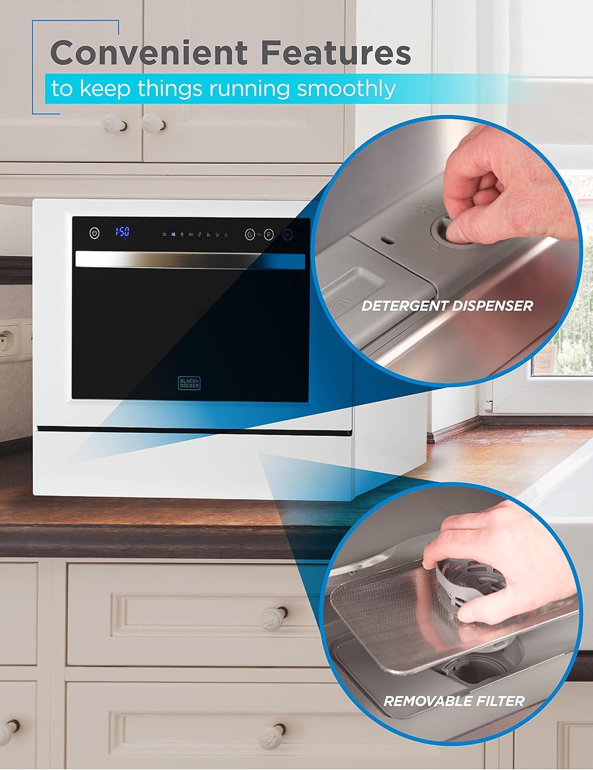 imageBLACKDECKER Countertop Dishwasher Counter Dishwasher with 6 Wash Programs 6Place Setting Capacity Stainless Steel Interior ENERGY STAR Certified BCD6SD WhiteWhiteBlack