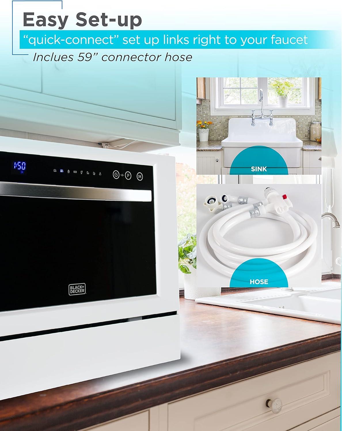 imageBLACKDECKER Countertop Dishwasher Counter Dishwasher with 6 Wash Programs 6Place Setting Capacity Stainless Steel Interior ENERGY STAR Certified BCD6SD WhiteWhiteBlack