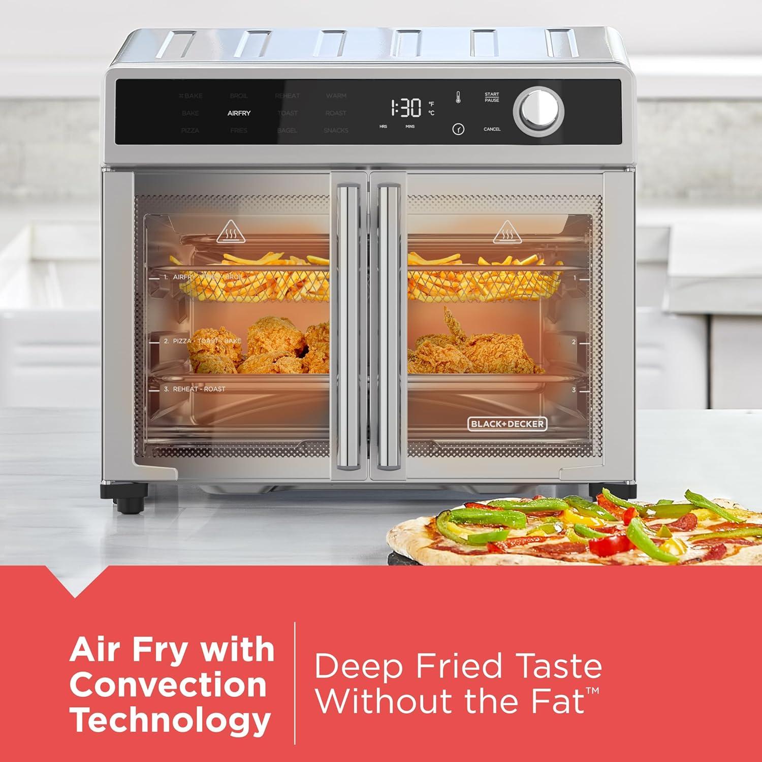 imageBLACKDECKER Crisp N Bake Air Fryer Toaster Oven Combo 12 in 1 Countertop Convection Oven Cooks Food Fast Fits a Whole Pizza or 6 Toast Slices French Doors with Stainless Steel Finish