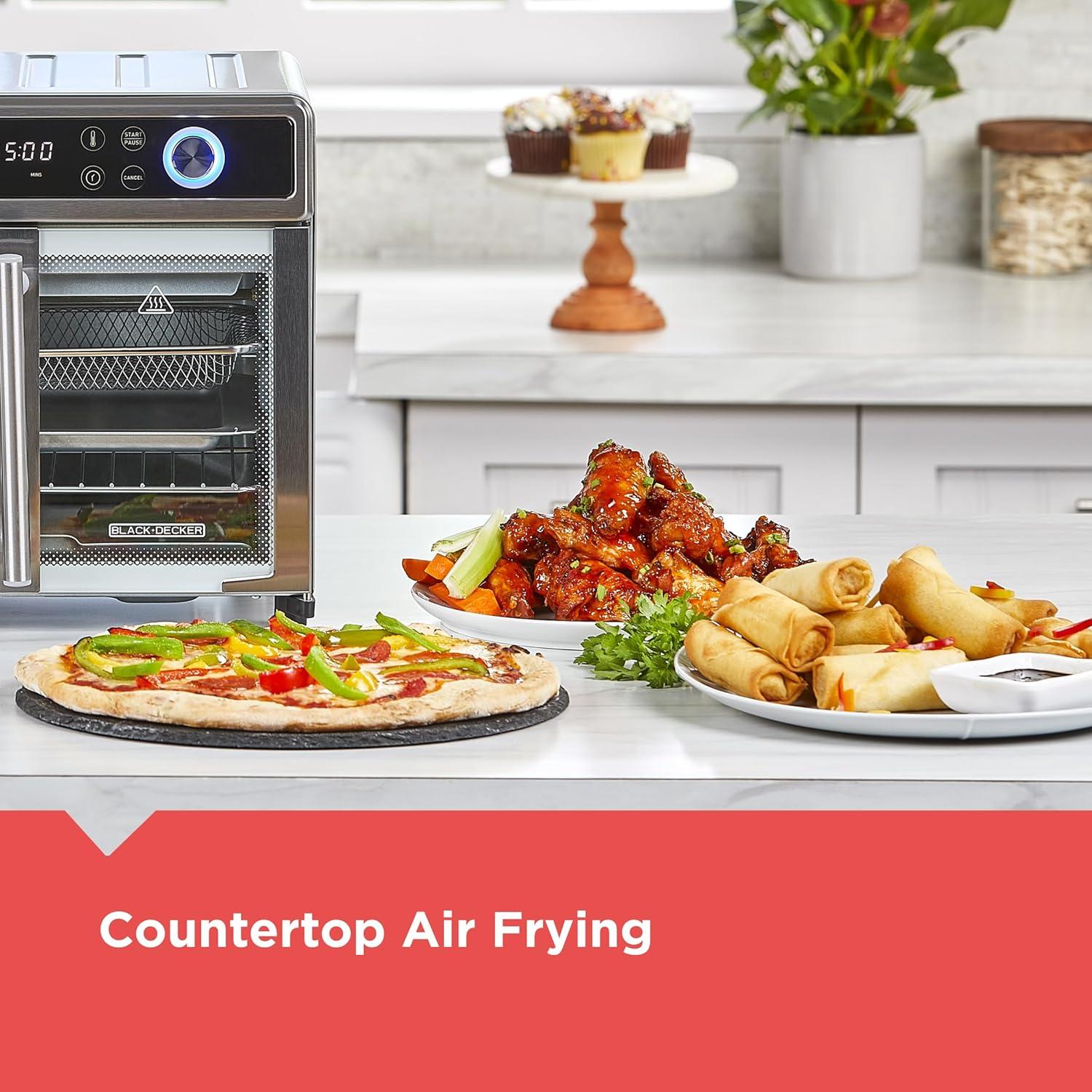 imageBLACKDECKER Crisp N Bake Air Fryer Toaster Oven Combo 12 in 1 Countertop Convection Oven Cooks Food Fast Fits a Whole Pizza or 6 Toast Slices French Doors with Stainless Steel Finish