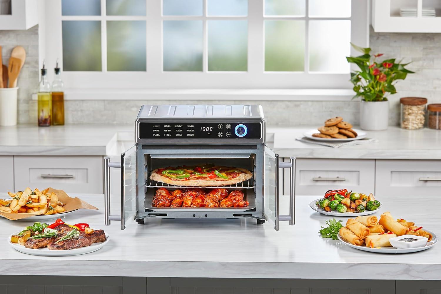 imageBLACKDECKER Crisp N Bake Air Fryer Toaster Oven Combo 12 in 1 Countertop Convection Oven Cooks Food Fast Fits a Whole Pizza or 6 Toast Slices French Doors with Stainless Steel Finish