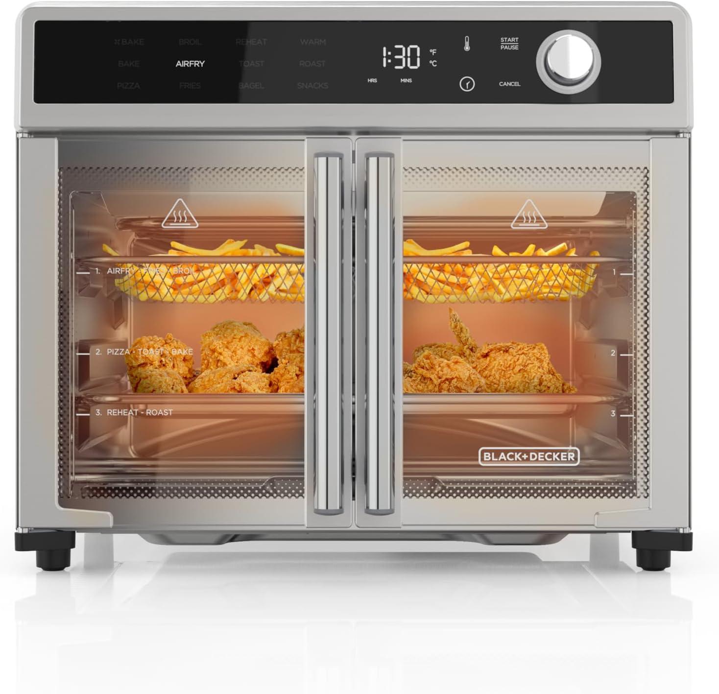 imageBLACKDECKER Crisp N Bake Air Fryer Toaster Oven Combo 12 in 1 Countertop Convection Oven Cooks Food Fast Fits a Whole Pizza or 6 Toast Slices French Doors with Stainless Steel Finish