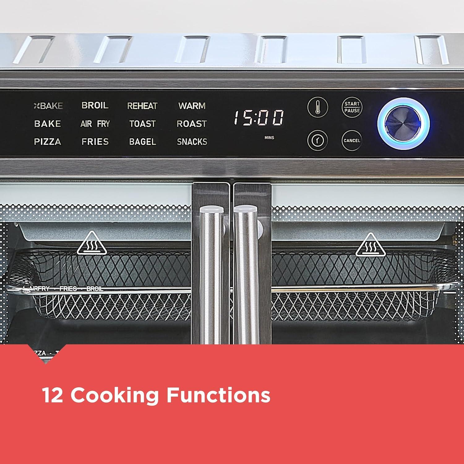 imageBLACKDECKER Crisp N Bake Air Fryer Toaster Oven Combo 12 in 1 Countertop Convection Oven Cooks Food Fast Fits a Whole Pizza or 6 Toast Slices French Doors with Stainless Steel Finish