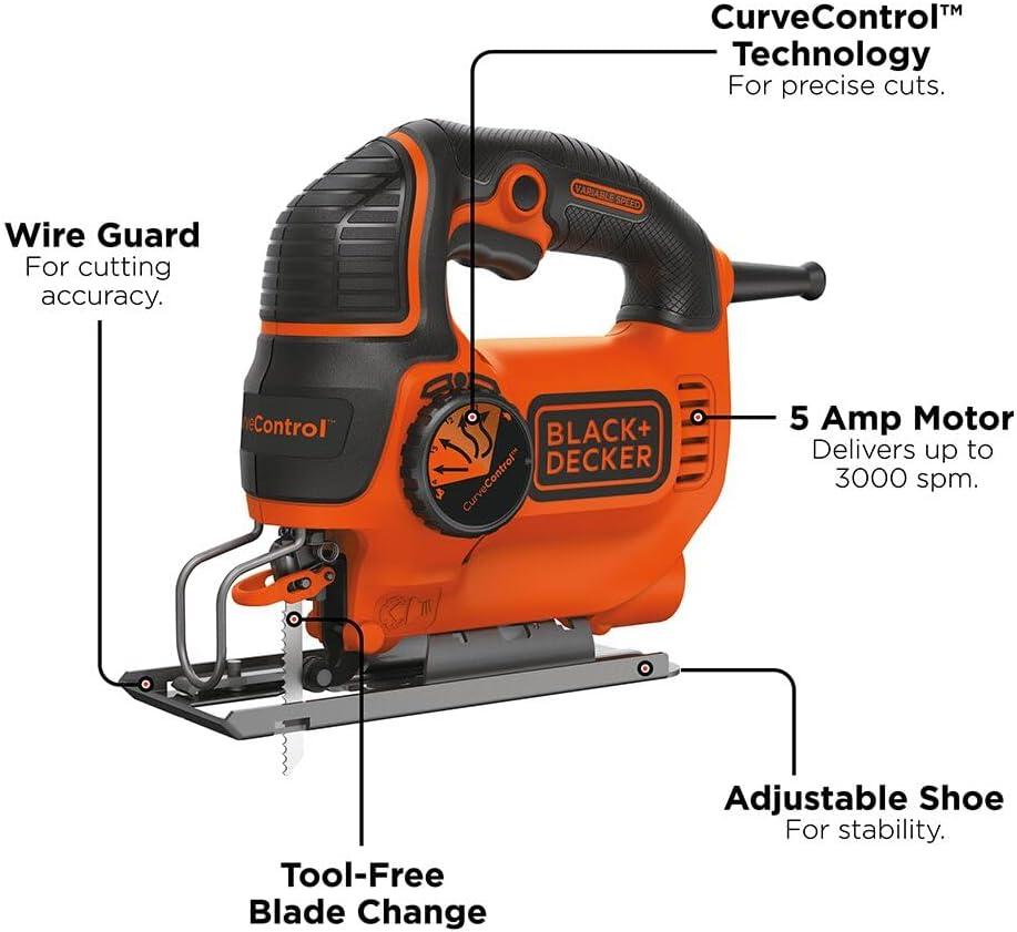 imageBLACKDECKER Jig Saw 5Amp 3000 Blade Speed 45 Degree Beveled Cuts Inch Orbital Blade 4 Curve Settings Corded BDEJS600COne Size