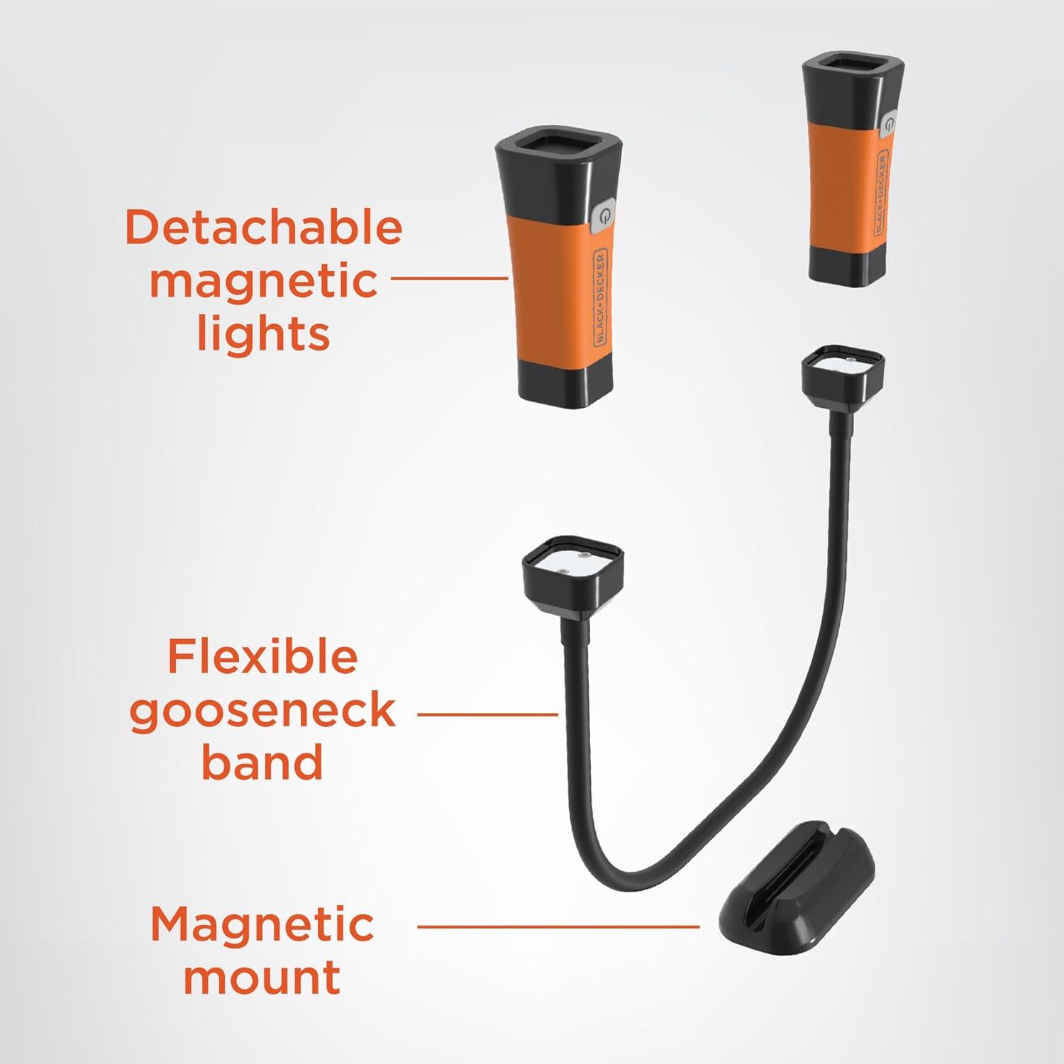 imageBLACKDECKER LED Neck Reading Light 200 Lumens Dual Flashlight HandsFree Lighting Flexible Gooseneck 3 Dimmable Modes SOS 3 Magnetic Mounts Wearable AA BatteryPowered IP65 WeatherResistant