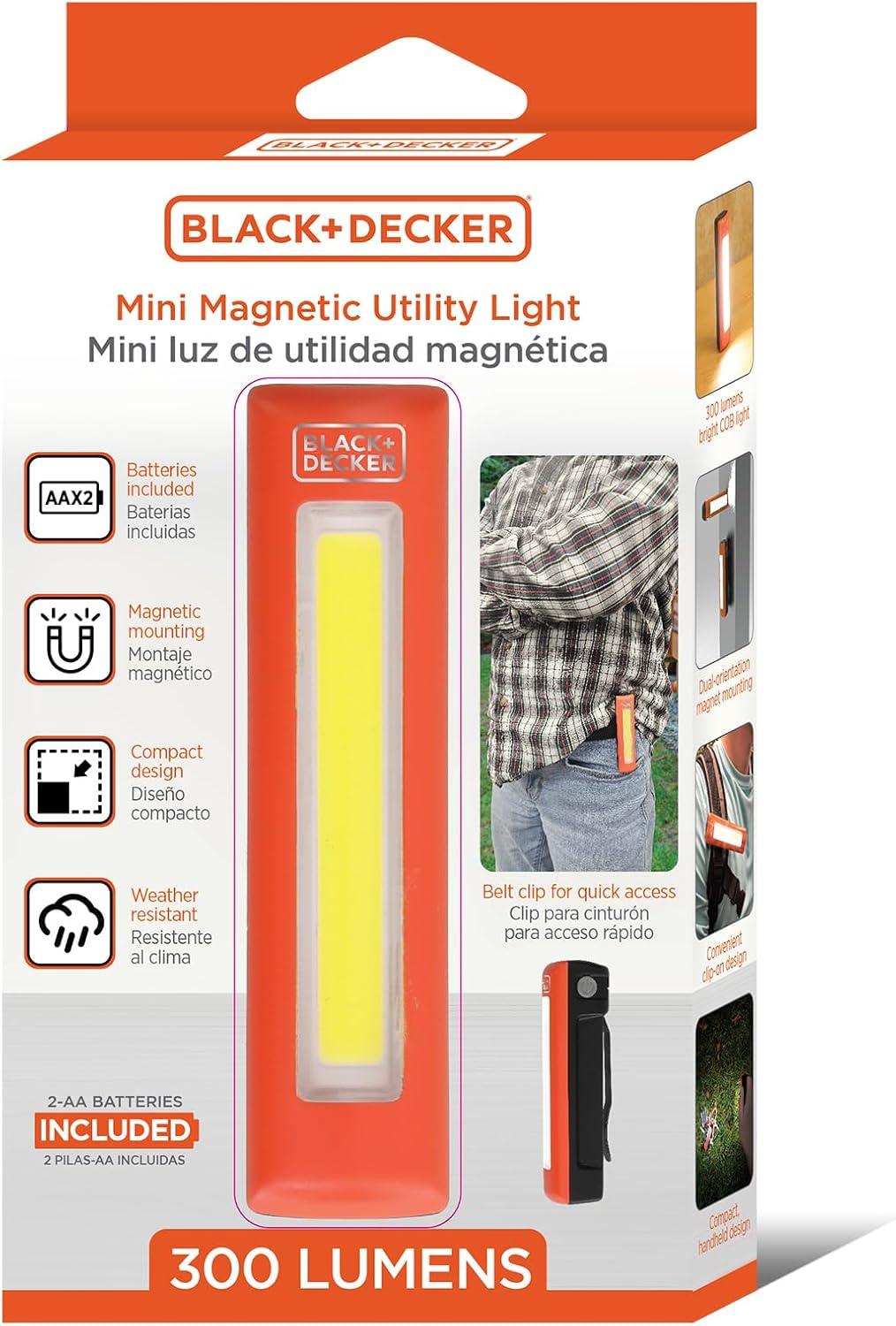imageBLACKDECKER LED Work Light 300 Lumens AA BatteryPowered Utility Light 3 Brightness Levels amp SOS Mode 2 Magnet Mounts Pocket Clip Compact Lightweight amp Portable Weather Resistant 10 Hour PowerOne Pack