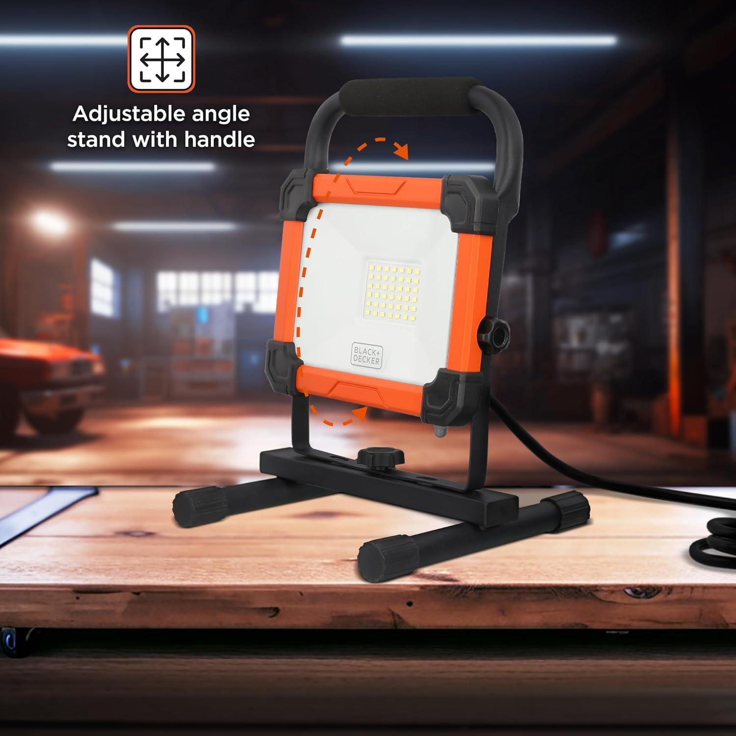 imageBLACKDECKER LED Work Light 3000 Lumens LED Panel Flood Light IP65 Waterproof Shock Resistant 120 Beam Angle ETL Certified Pivoting HStand Tripod Compatible Compact amp Portable 120V Plug