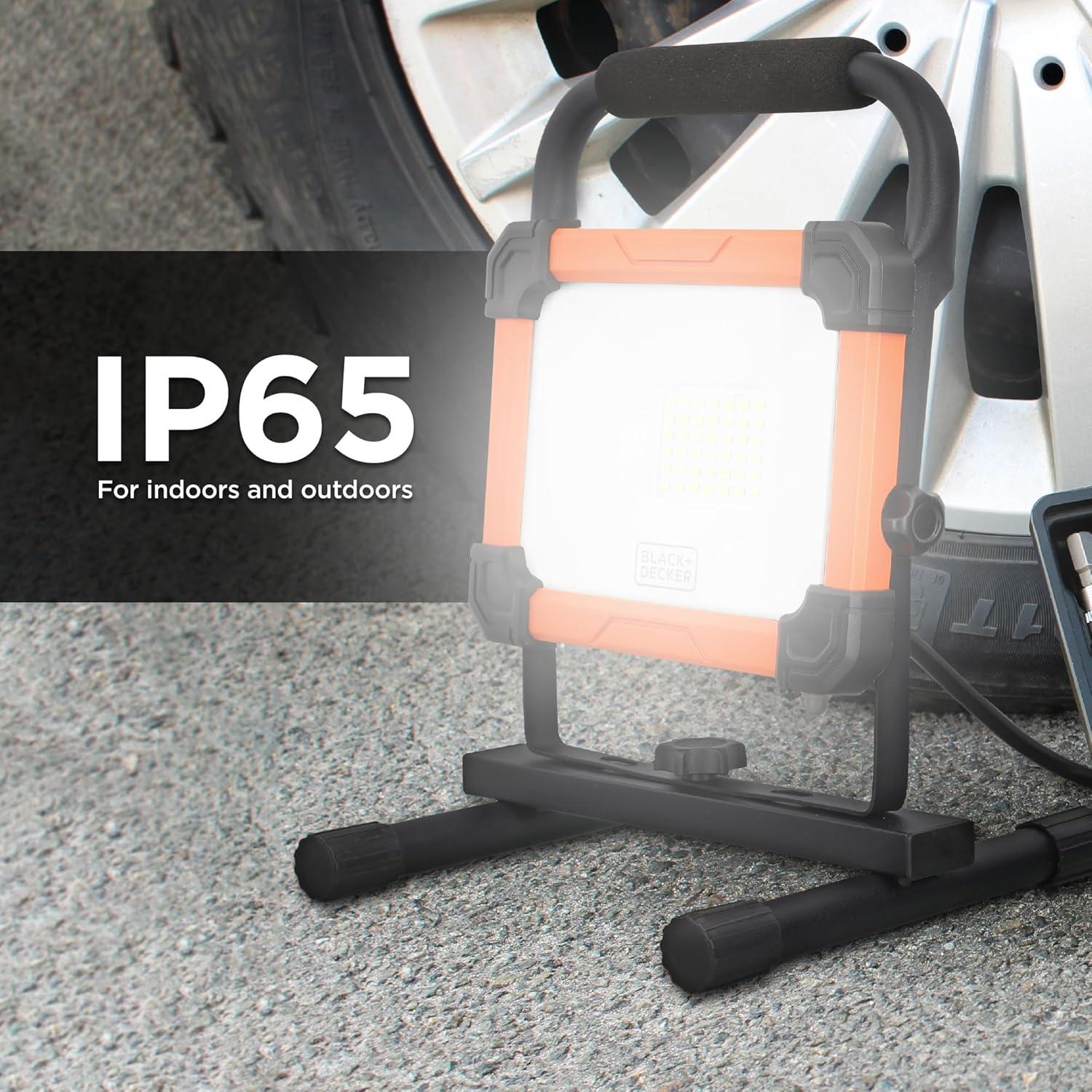 imageBLACKDECKER LED Work Light 3000 Lumens LED Panel Flood Light IP65 Waterproof Shock Resistant 120 Beam Angle ETL Certified Pivoting HStand Tripod Compatible Compact amp Portable 120V Plug
